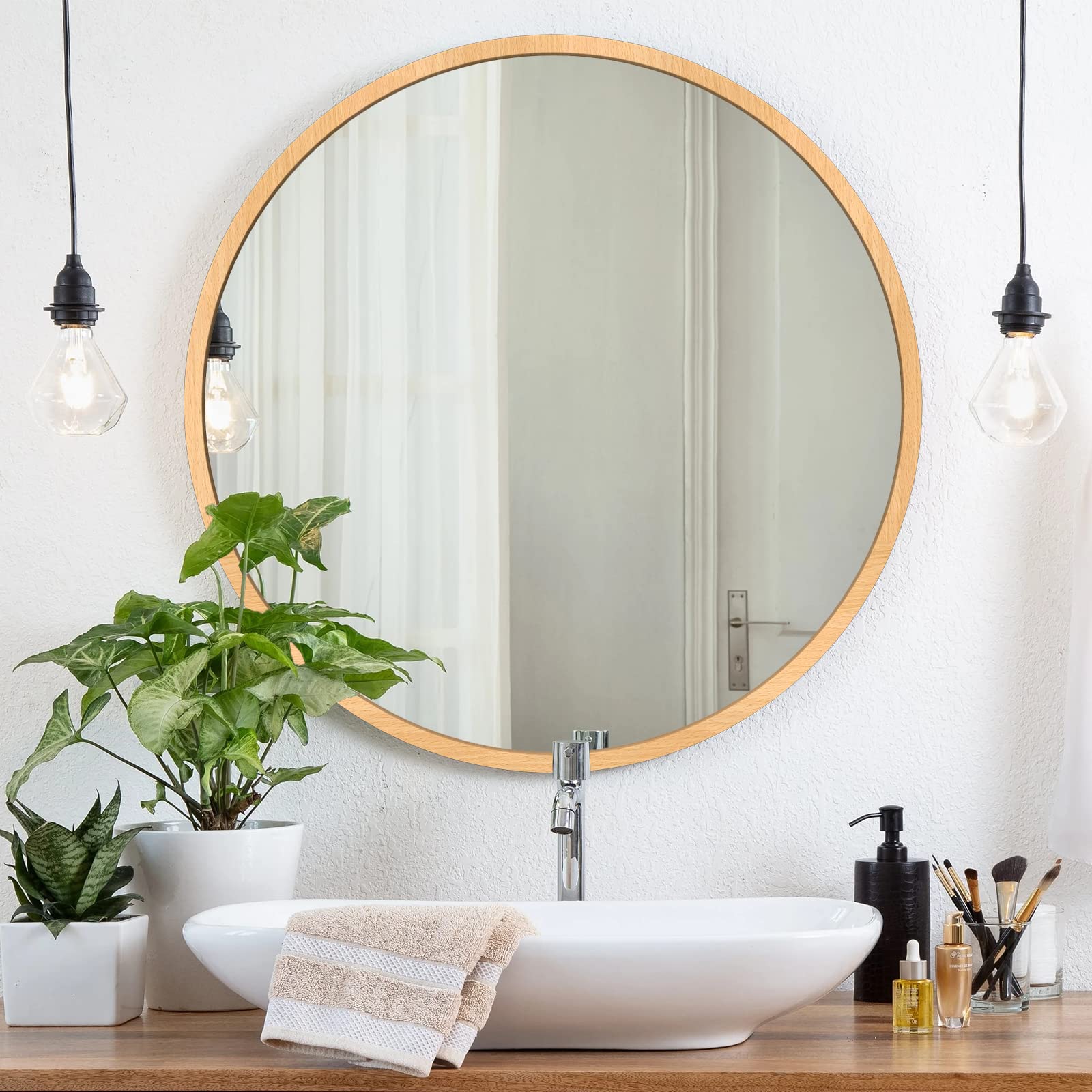 FUWU HOME Wood Round Mirror 27" Circle Wall Mirror Farmhouse Bathroom Vanity Mirror for Living Room Bedroom Entryway Modern Decoration (27" Freely Natural Beech Wood)