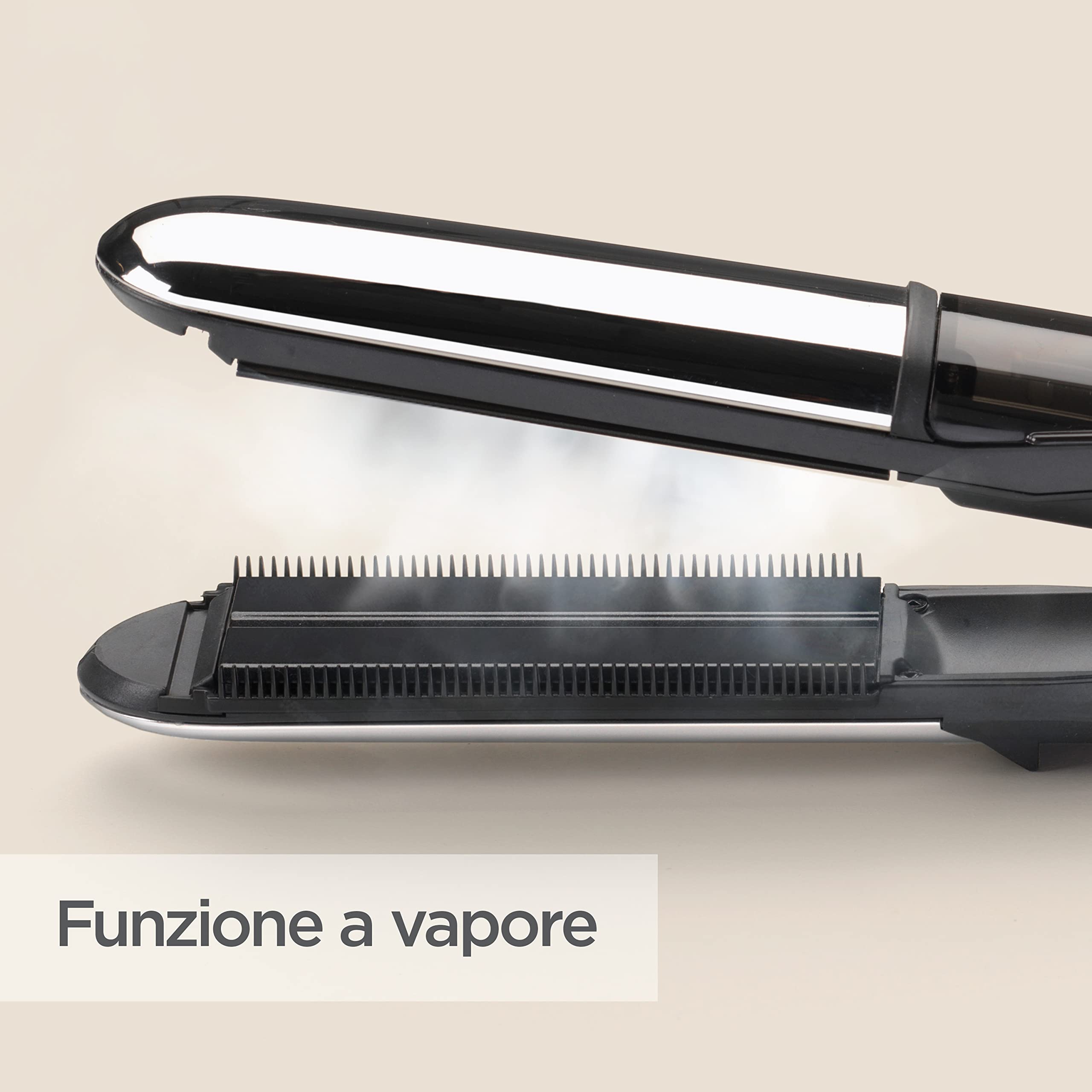 BaByliss ST496E Piastra a vapore 2in1 Steamshine ceramic, Piastre in diamond ceramic da 39 mm, Riscaldamento Advanced Ceramics™, lisciante, 5 temperature, Auto spegnimento di sicurezza, nera e argento
