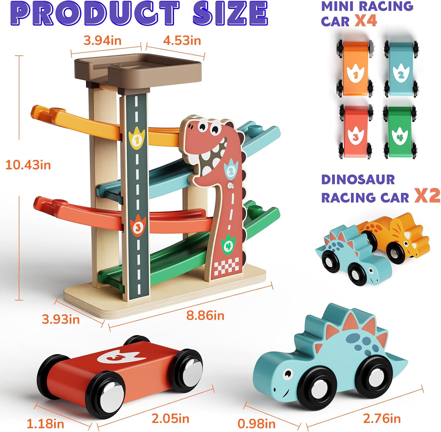 Wooden Car Ramp Toy for Toddlers 1-3, Montessori Toy with 6 Cars (Dinosaur & Racing), 4-Level Car Ramp Race Track, Toddler Toy & 1 Year Old Birthday Gift