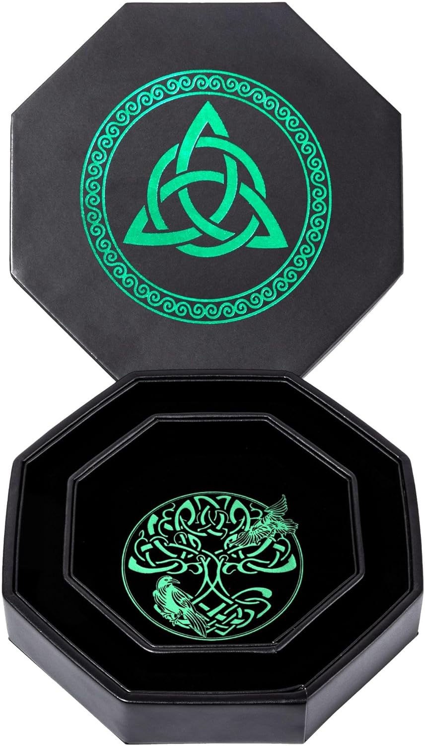 DND Dice Tray - Premium 9 Inch Tray Dungeons and Dragons - Exquisitely Detailed Green World Tree & Triquetra Design - Perfect Rolling & Box Storage to Protect Your Dice for D&D and RPG