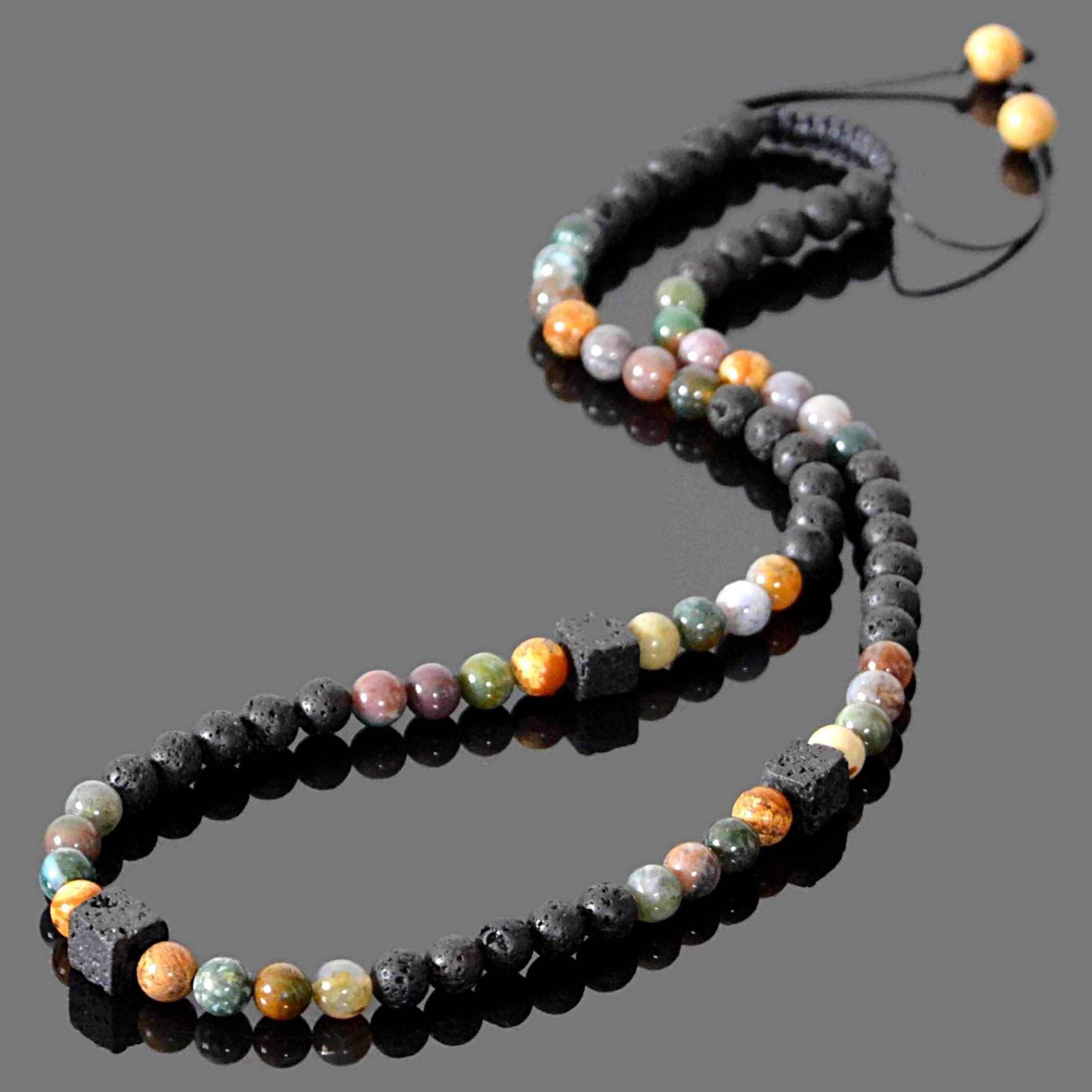 Beaded Necklace for Men Natural Stone Handmade Jewelry Black Volcanic Lava Indian Agate Picture Jasper Essential Oil Diffuser Necklace 25.5 inches