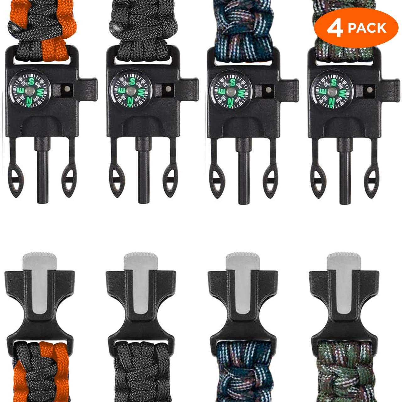 Pulsera Paracord Supervivencia paquete de 4 Pulsera con Iniciador Fuego Camping Herramienta Brújula Senderismo Silbar Canotaje