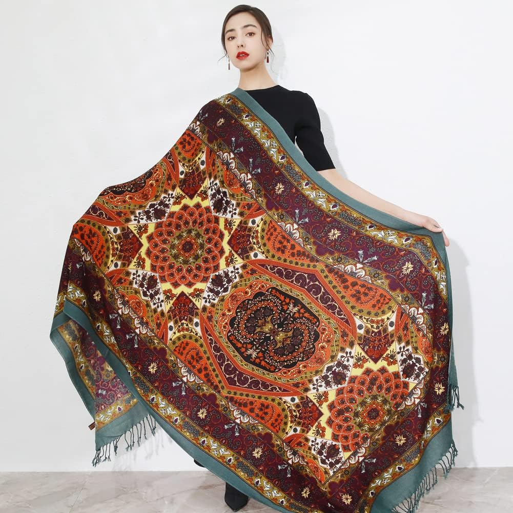 DANA XU 100% Merino Wool Pashmina Shawl for Women 96"x43", Oversized Cashmere Wrap with Tassels, Floral Travel Blanket Cape - Image 8