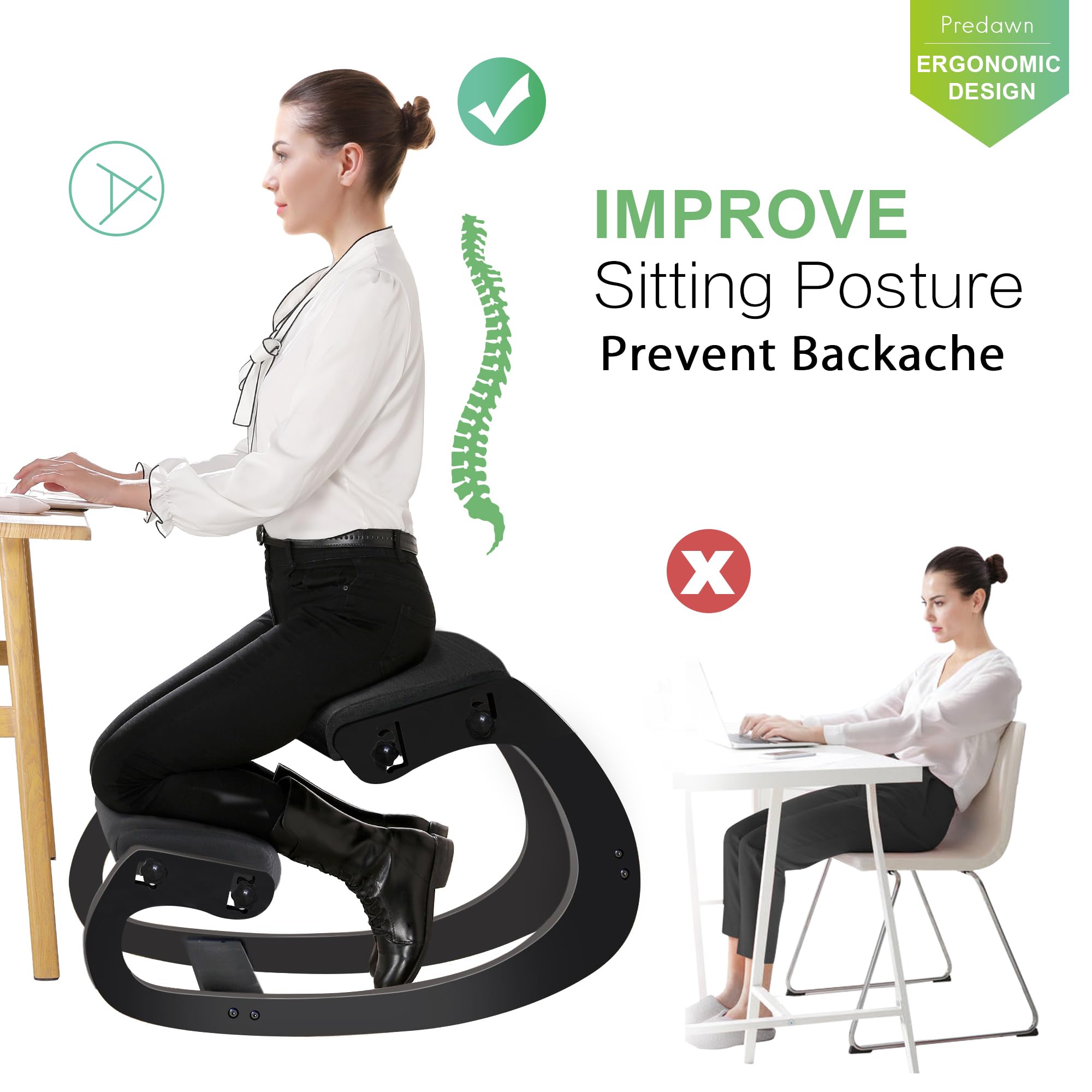 Predawn Siège Assis à Genoux, Siege Ergonomique, Chaise Ergonomique, Tabouret Ergonomique, Coussin en Bois et en Lin, Soulager Les Douleurs au Dos et au Cou et Améliorer la Posture (Noir)
