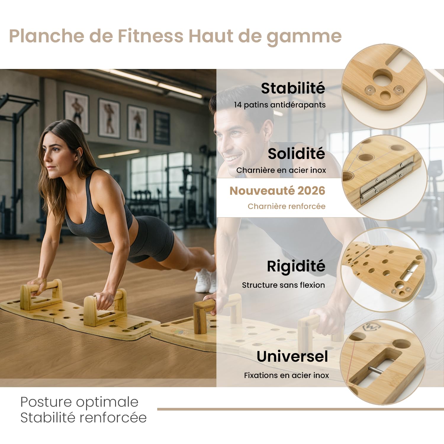 Amplitude – Push up board Premium en bois – Planche a pompe pliable - Planche pompe musculation Sport maison + 2 Elastiques + guide d’entraînement 30 en 1