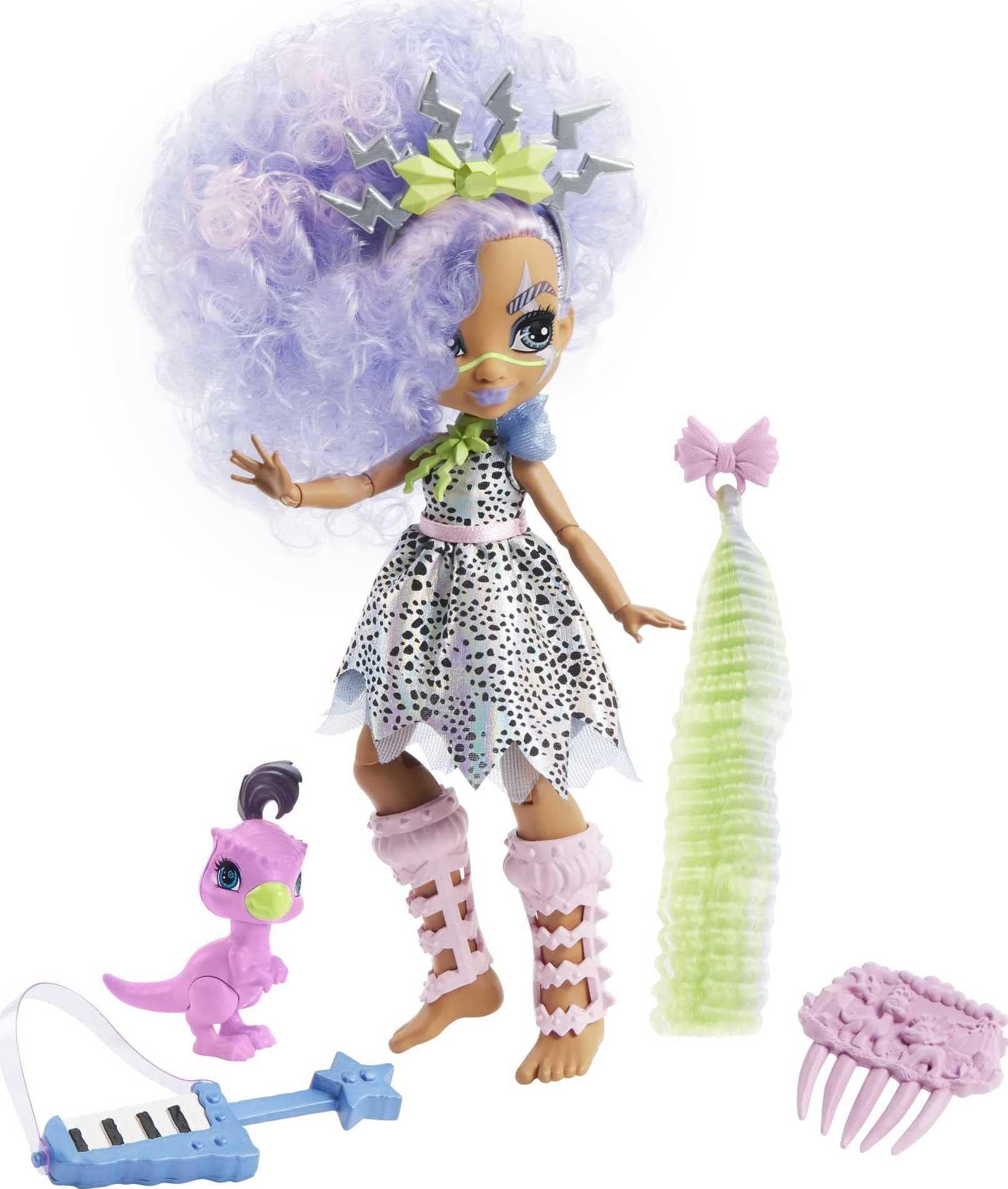Mattel Cave Club Bashley Doll (8 10-inch, Lavender Hair) Poseable Prehistoric Fashion Doll with Dinosaur Pet and Accessories, Gift for 4 Year Olds and Up