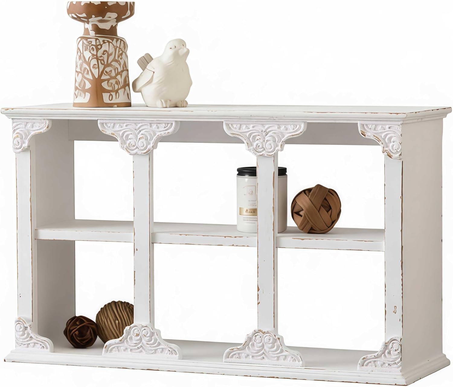 SOFE Vintage Rustic Floating Shelves for Wall White, 3-Tier Wall Shelf 24 Inch Long, Wood Shelving Unit for Bathroom Kitchen Entryway, Small Collectibles Wall Organizer, Ornate Scroll Corners