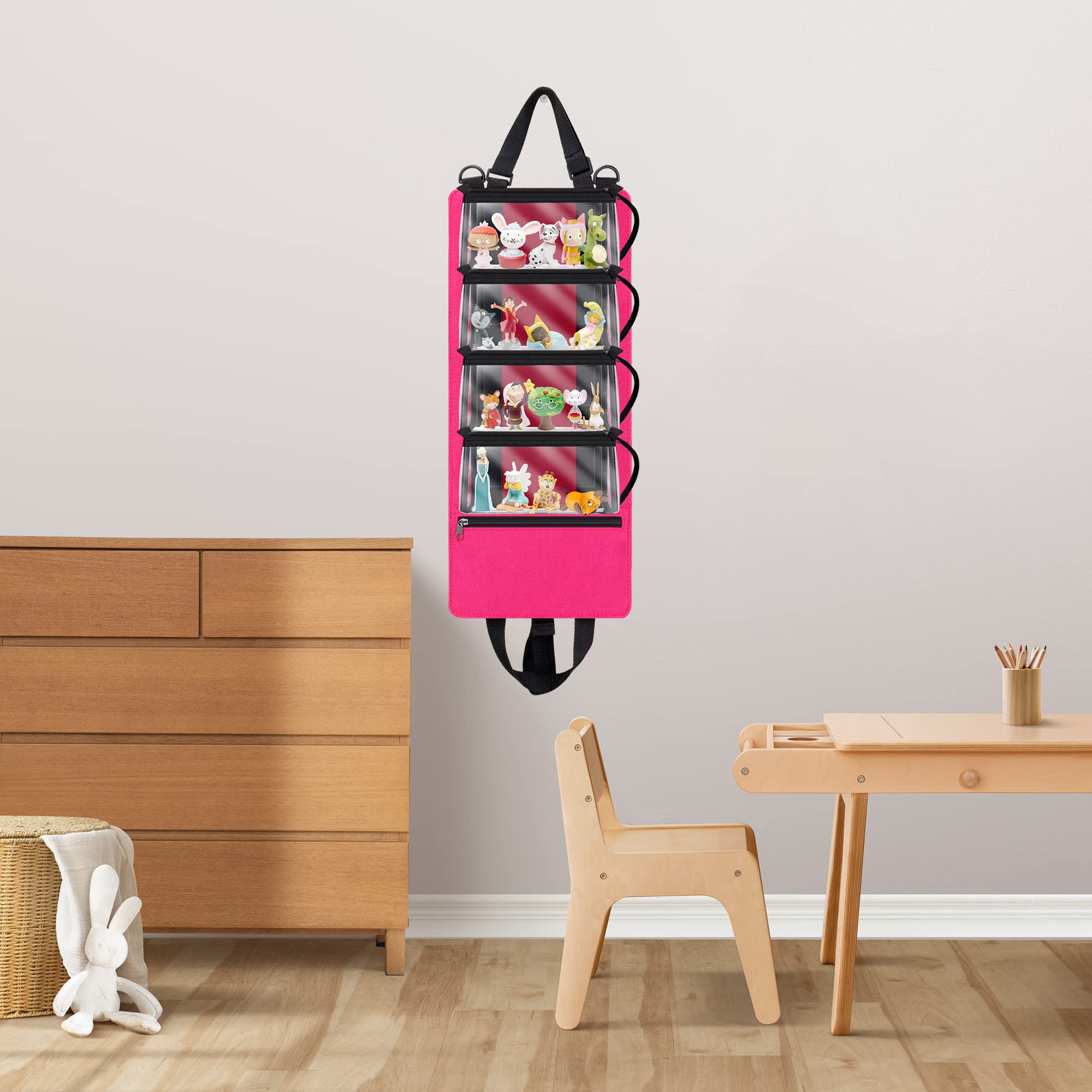 Sac de Transport pour Tonies Figurines, 4 Poches Amovibles, Feutre avec Feuilles Métalliques, Capacité 20 Figurines (Rose)