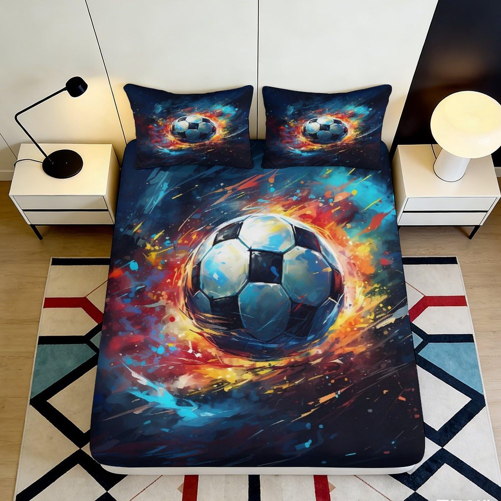 3D Printed Fire Soccer Fitted Sheet Microfiber Soft Breathable Cosmic Explosion Mattress Cover for Bedroom Dorm Decor 90x200x25cm
