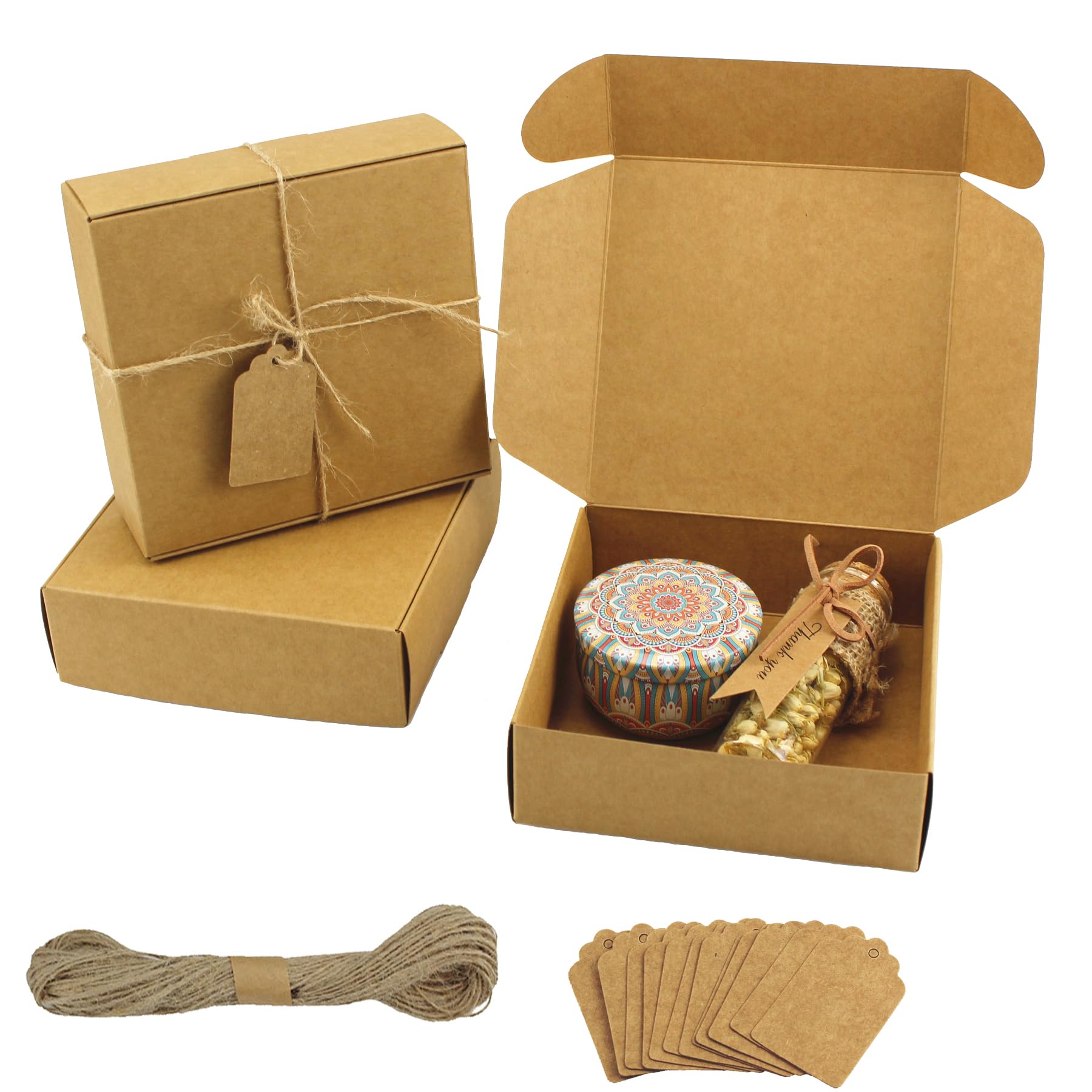 Gad2go 12 Pieces Kraft Gift Boxes 12.5 x 12.5 x 4 cm Brown Paper Gift Boxes with Rope Tags for Gifts Crafts Packing