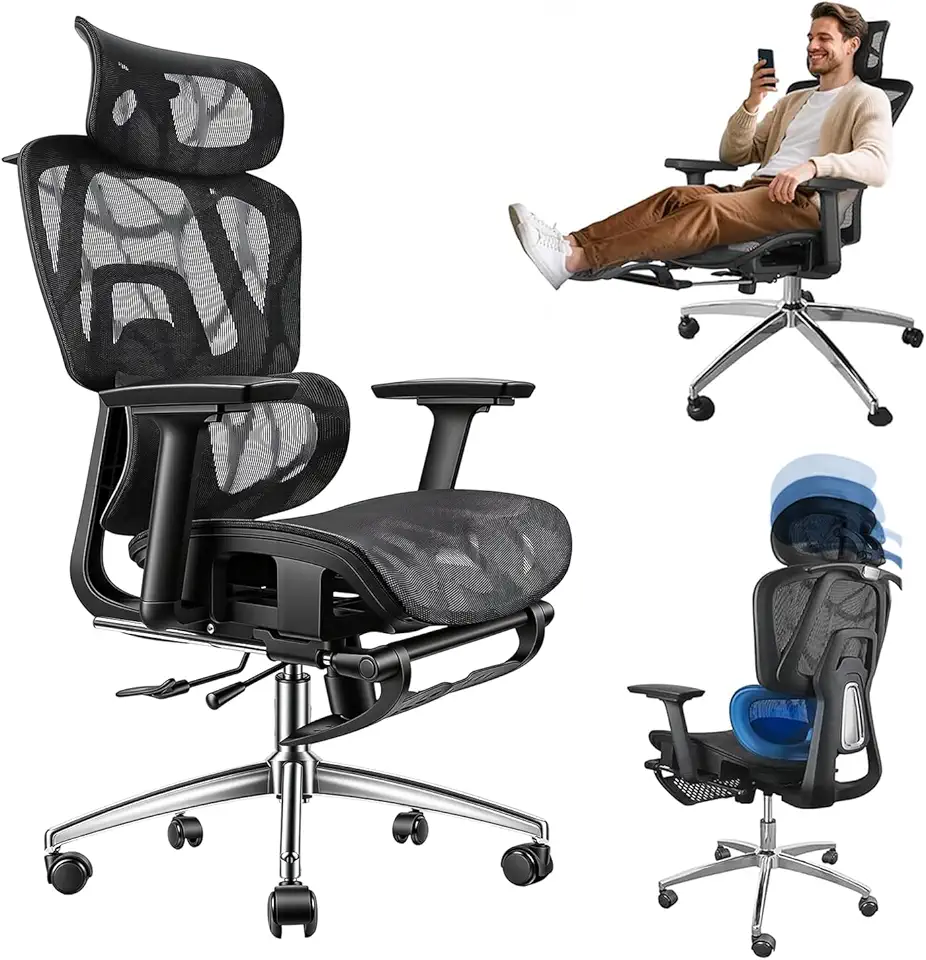 Cadeira ergonomica com apoio para os pés, Encosto Ajustável em 145°, Apoio Lombar Ajustável, Apoios de Braços e Cabeça 3D, Capacidade de Carga 150KG, Cadeira de Trabalho Giratória com Rodas