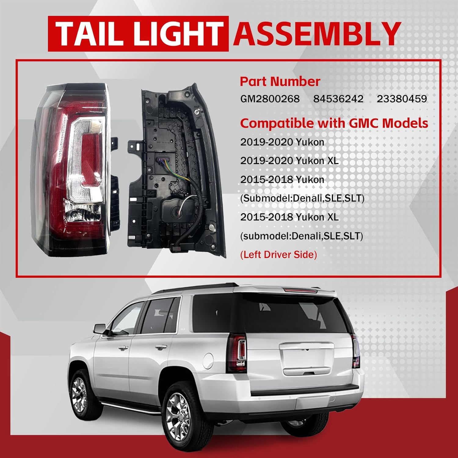 GM2800268 LED Tail Light Assembly Compatible With 2015-2020 GMC Yukon XL Denali SLE SLT Red Tail Brake Lamp LED Stop Lamp Rear Taillight Left Driver Side #84536242,23380459