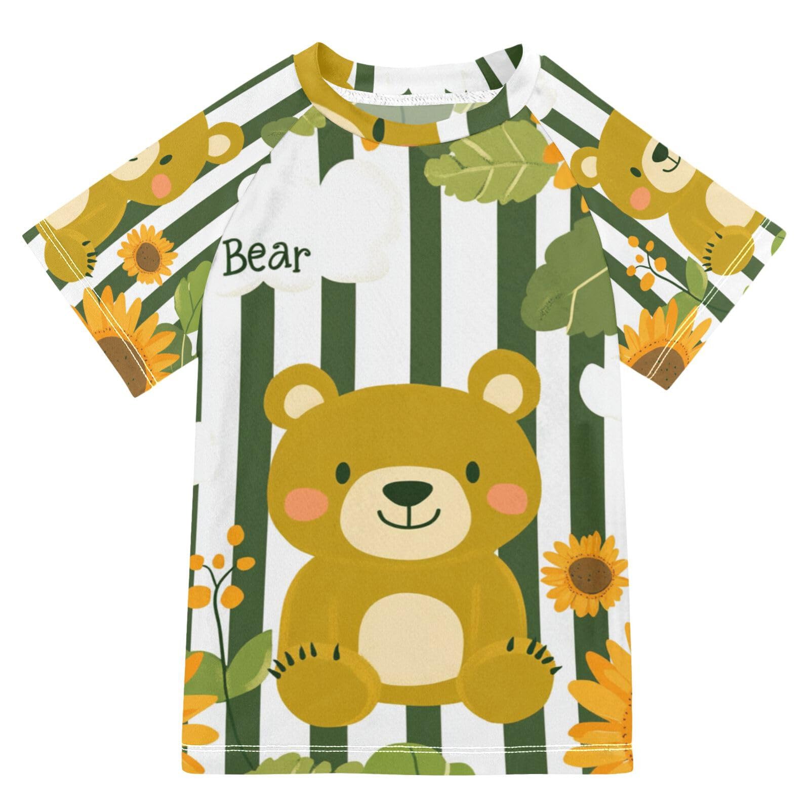 Jucciaco Boys Swing Shirts Bear Sunflower Green Flower Rashguard Short Sleeve Kids T-Shirts Sun UPF 50+