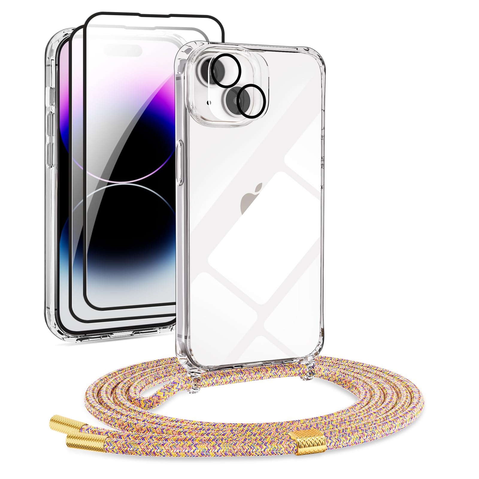 DiDaDi 5 in 1 Handykette Set Für iPhone Hülle mit Band Transparente Handyhülle Abnehmbare Schutzhülle mit Lanyard, 2X Panzerglas & Kameralinse Film