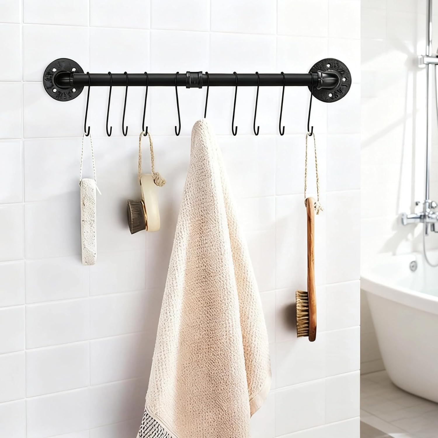 Black Metal Wall Mount Pot Rack, 31.5 in Pipe, Kitchen Organizer