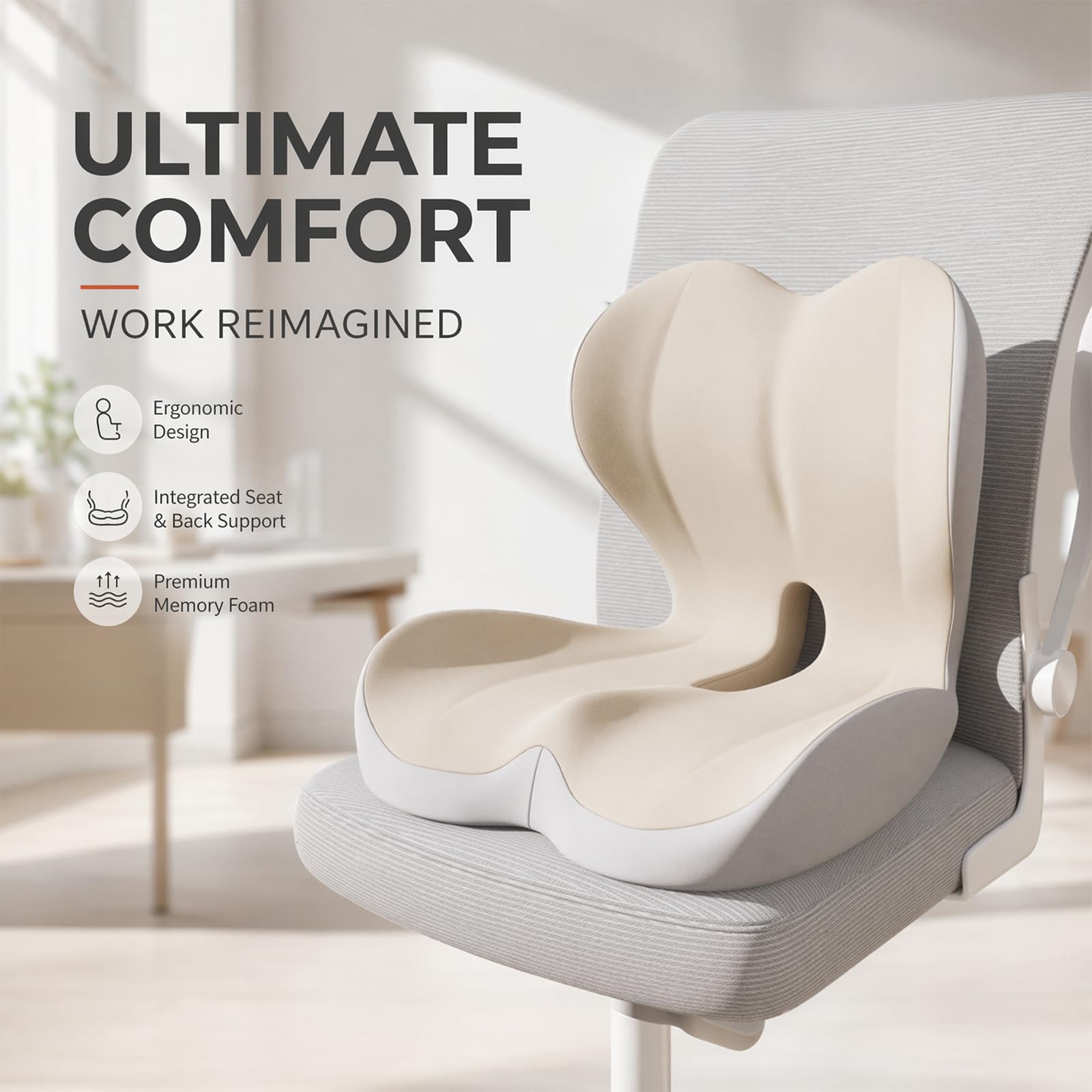 Sitzkissen Orthopädisch, Ergonomisches Sitzkissen mit Rückenlehne, Memory Foam L-förmige Integrierte, Steißbeinkissen, Sitzpolster für Bürostuhl, Rollstuhl & Auto Ischias (Beige)