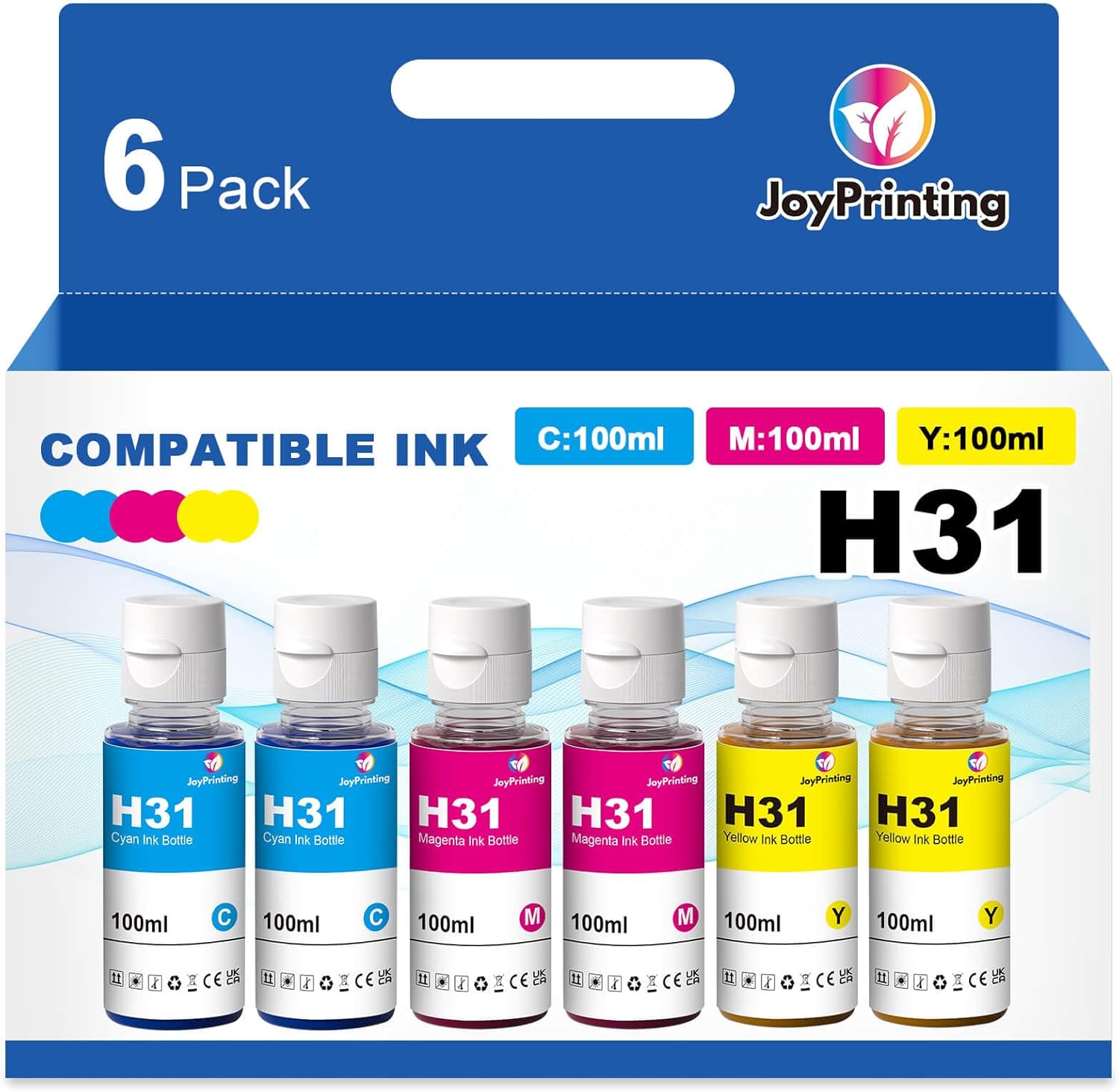 31 Ink Bottle Set Compatible with HP 31 Cyan, Magenta, Yellow Ink Bottles (6 Pack) Work for Smart Tank 7602 7301 7001 6001 5000 5101 5102 Plus 651 551 455 457 450 (100ML)
