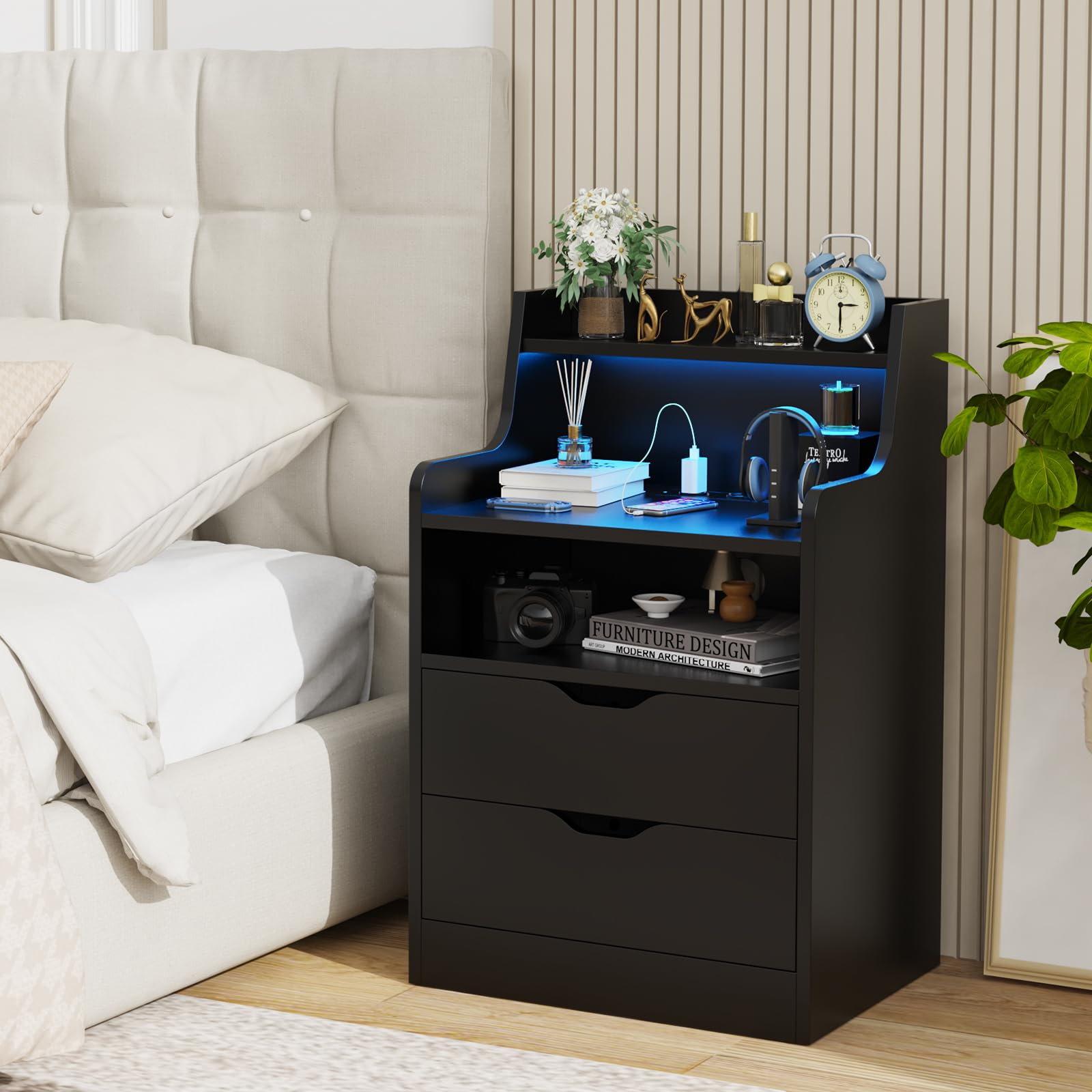 Nachttisch LED mit Steckdose & USB, Nachtschrank mit 2 Schubladen und offenem Ablagefach, Smart Nachttische mit LED-Beleuchtung, Nachttische Schwarz 45x35x73cm, Modern Nachtschrank Tisch
