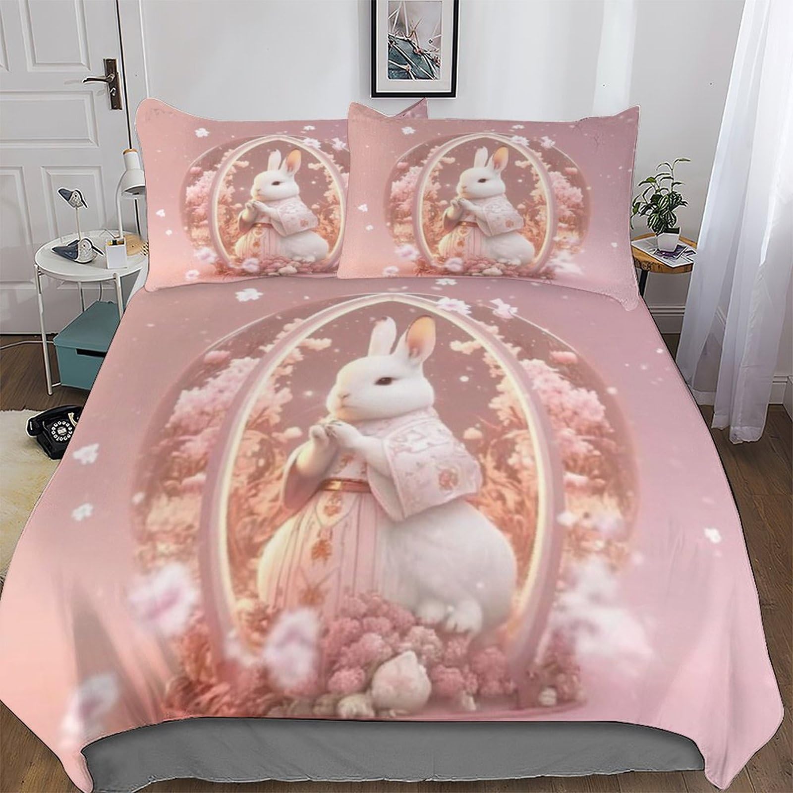 Housse de couette lapin hypoallergénique parure anti-acariens 3 pces