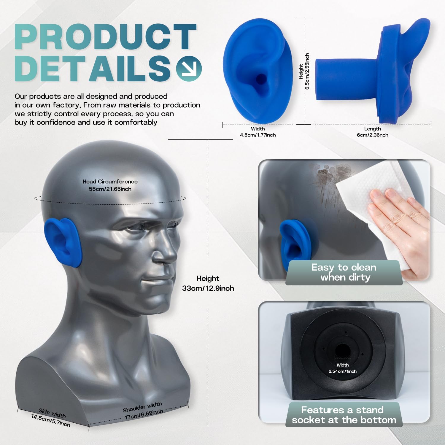 Mannequin Head with 3 Pairs Silicone Ears for Earring Jewelry Display, Headphone Stand, Piercing Practice, Hearing Aid Ear Mold, Realistic Display Head with Base