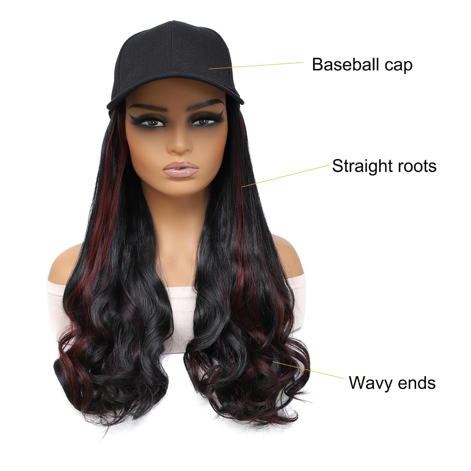 Hat Wig Baseball Cap With Wavy Ends Straight Roots Hair Extensions Attached Heat Resistant Synthetic Mix black red Hair Replacement Wigs in Hat for Woman Girls