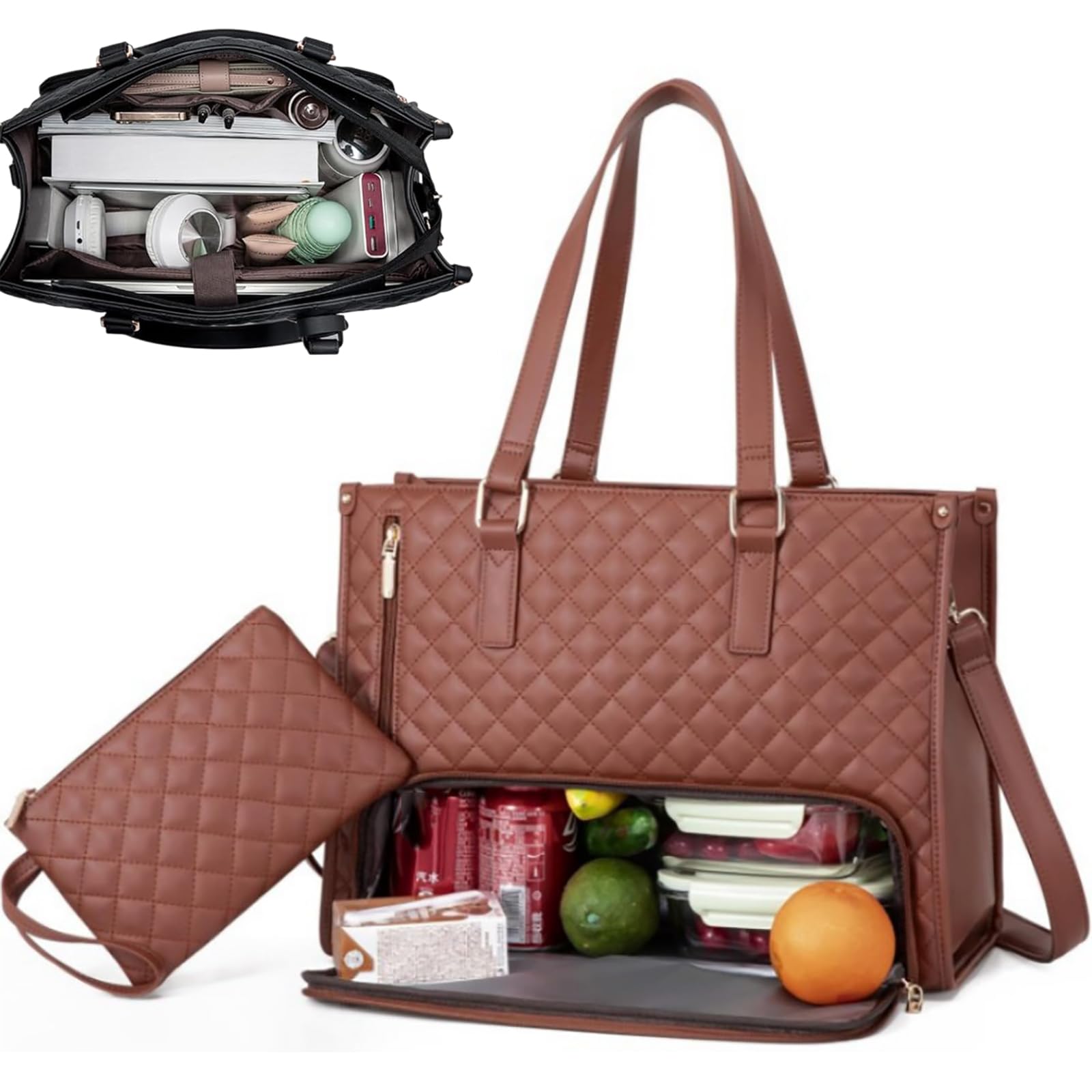 Bolsa Térmica Porta Alimentos, 2 en 1 Bolsa Comida Trabajo y Bolso Portátil Mujer con Compartimento Isotérmico para Oficina, Picnic y Laptop 15,6 Pulgadas (Marrón)