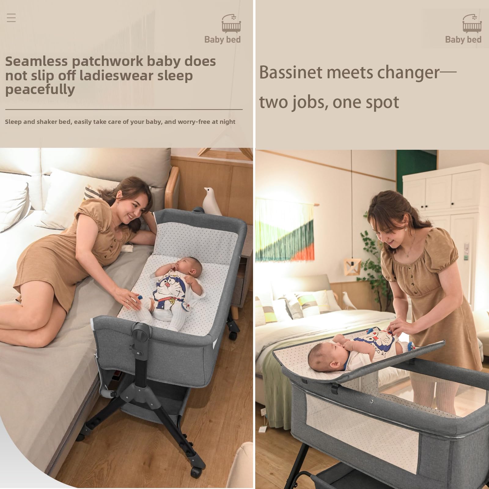 Baby-Beistellbett mit Matratze, Faltbare und Umwandelbare Babywiege, Verstellbare Co-Sleeping-Babybett mit Moskitonetz (Khaki)