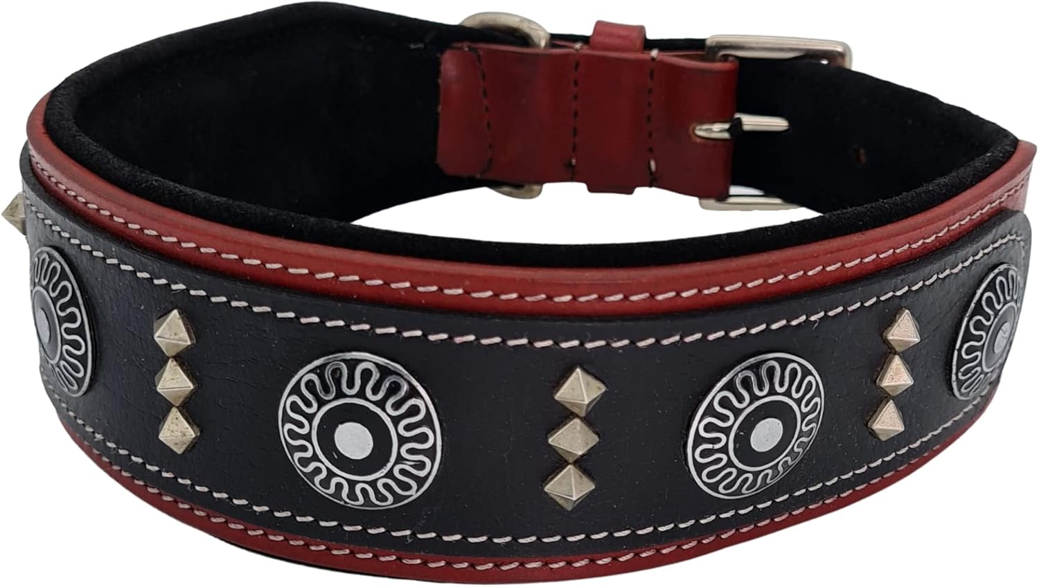 Blazing Paws Armington Wide 2 inch Luxury Thick Leather Western Dog Collar for Large Dogs, Soft Suede Padded Dog Collar with Shield Conchos and Square Studs (XL: 20-23", Red/Black)