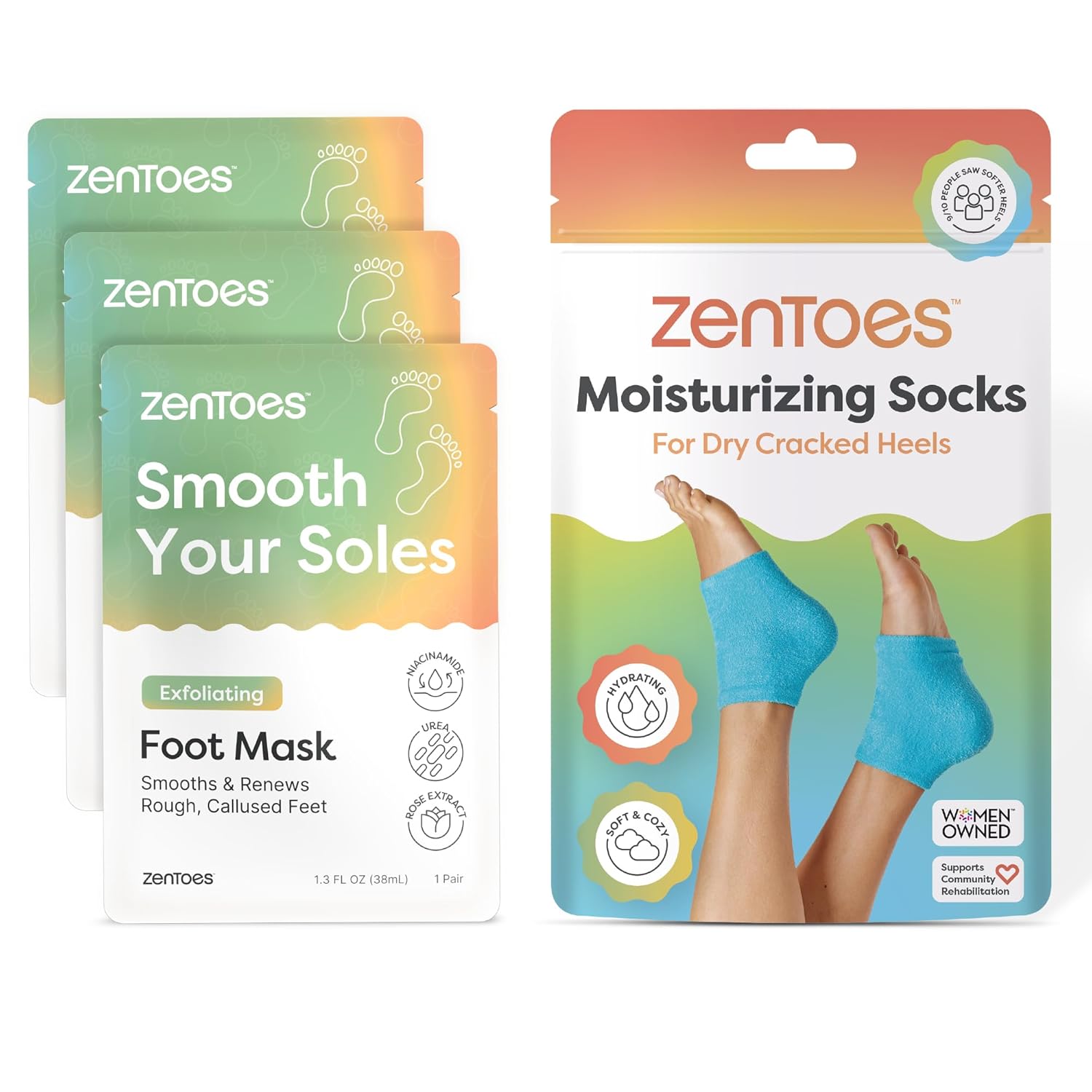ZenToes Foot Care Kit – Exfoliating Foot Mask for Dry Cracked Feet with Urea, Niacinamide & Rose Extract (3 Pairs) + Hydrating Heel Socks with Vitamin E and Olive Oil (Fuzzy Blue)