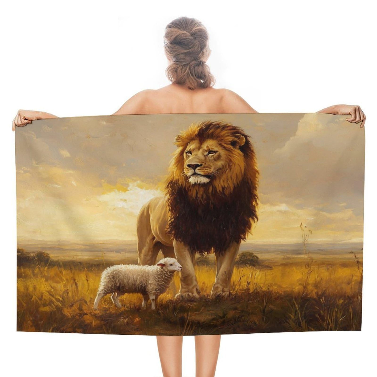 LSRCPD Powerful Male Lion Standing with A Little Lamb Beach Towel Sand Free Microfiber Large Shower Towels Multipurpose Absorbent for Bathroom Pool 130x80 CM