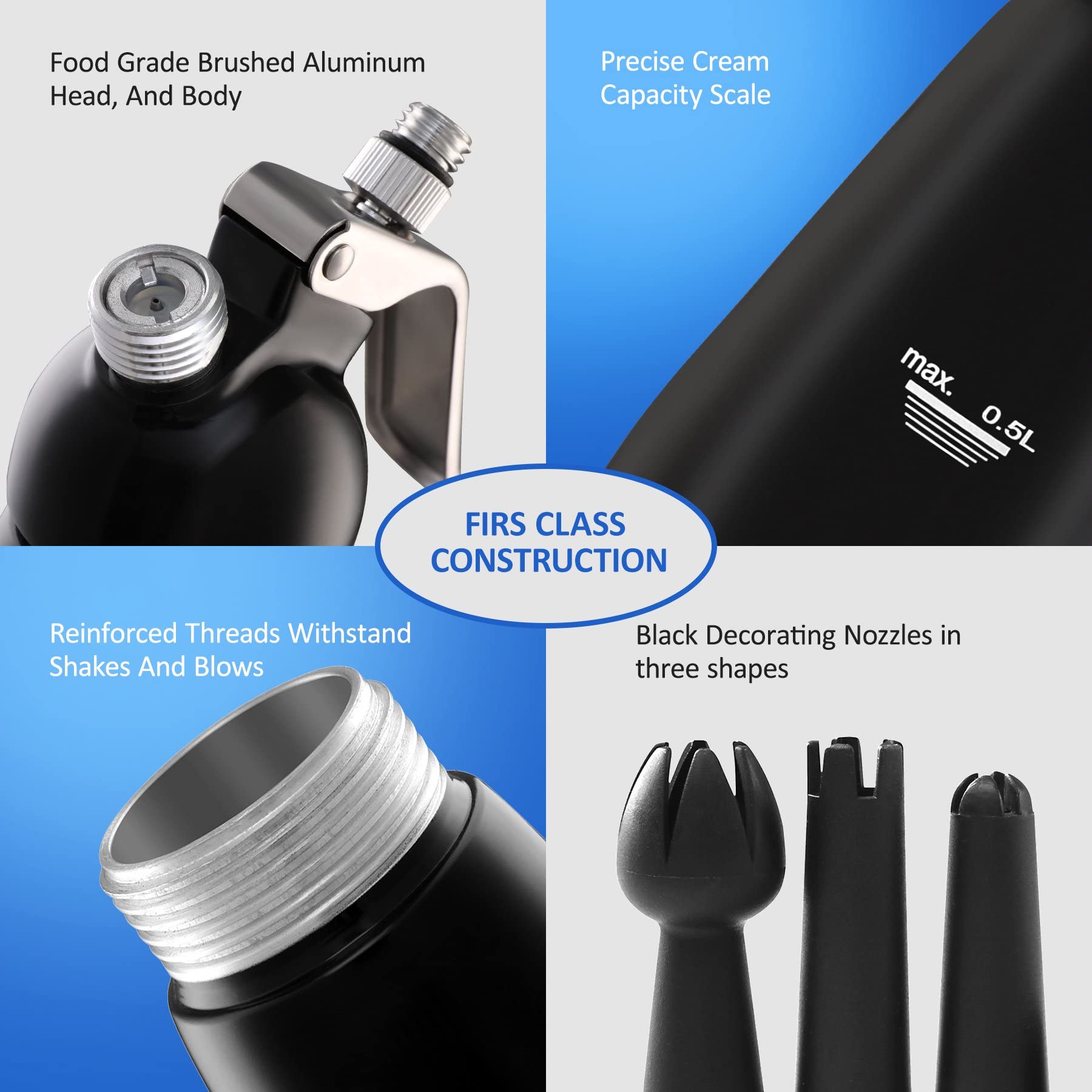 LesooWhip Professional Whipped Cream Dispenser Highly Durable Aluminum Whip Cream Dispenser 500ml /1 Pint Large Capacity Whip Cream Canister with 3 Stainless Steel Nozzles and 1 Cleaning Brush