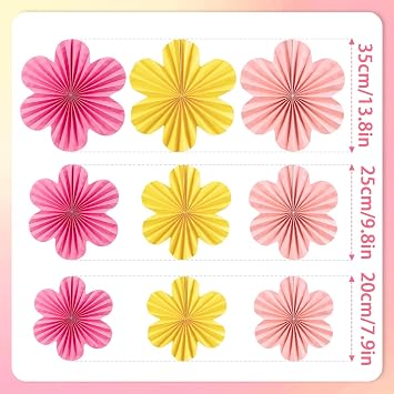 SUNBEAUTY Paper Flowers Decorations for Wall, Paper Flower Fan Classroom Decoration Paper Floral Backdrop Decor Paper Fans Decoration Hanging Paper Fans Pink Yellow Flower Wall Decor