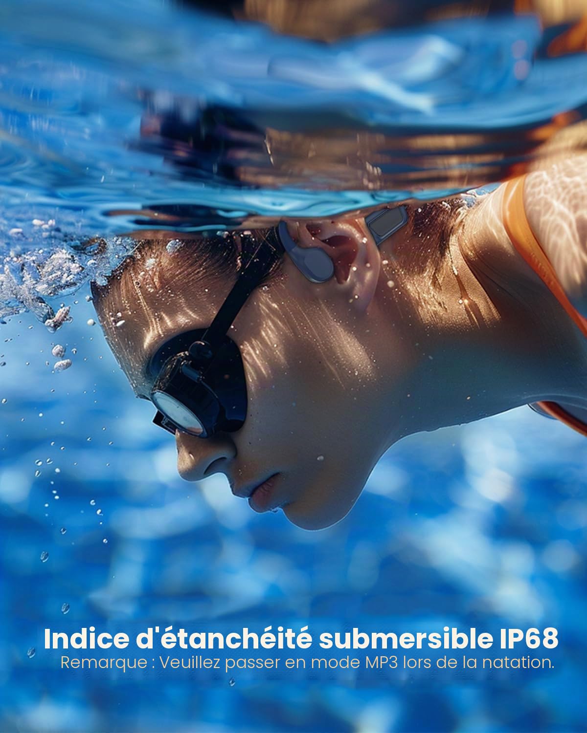 MONODEAL Casque Conduction osseuse Natation, ecouteur Waterproof natations IP68 étanche, 8Go mp3 Etanche Bluetooth 5.3, Convient pour Casque Sport Natation Surf Course ecouteurs sans Fil Sport