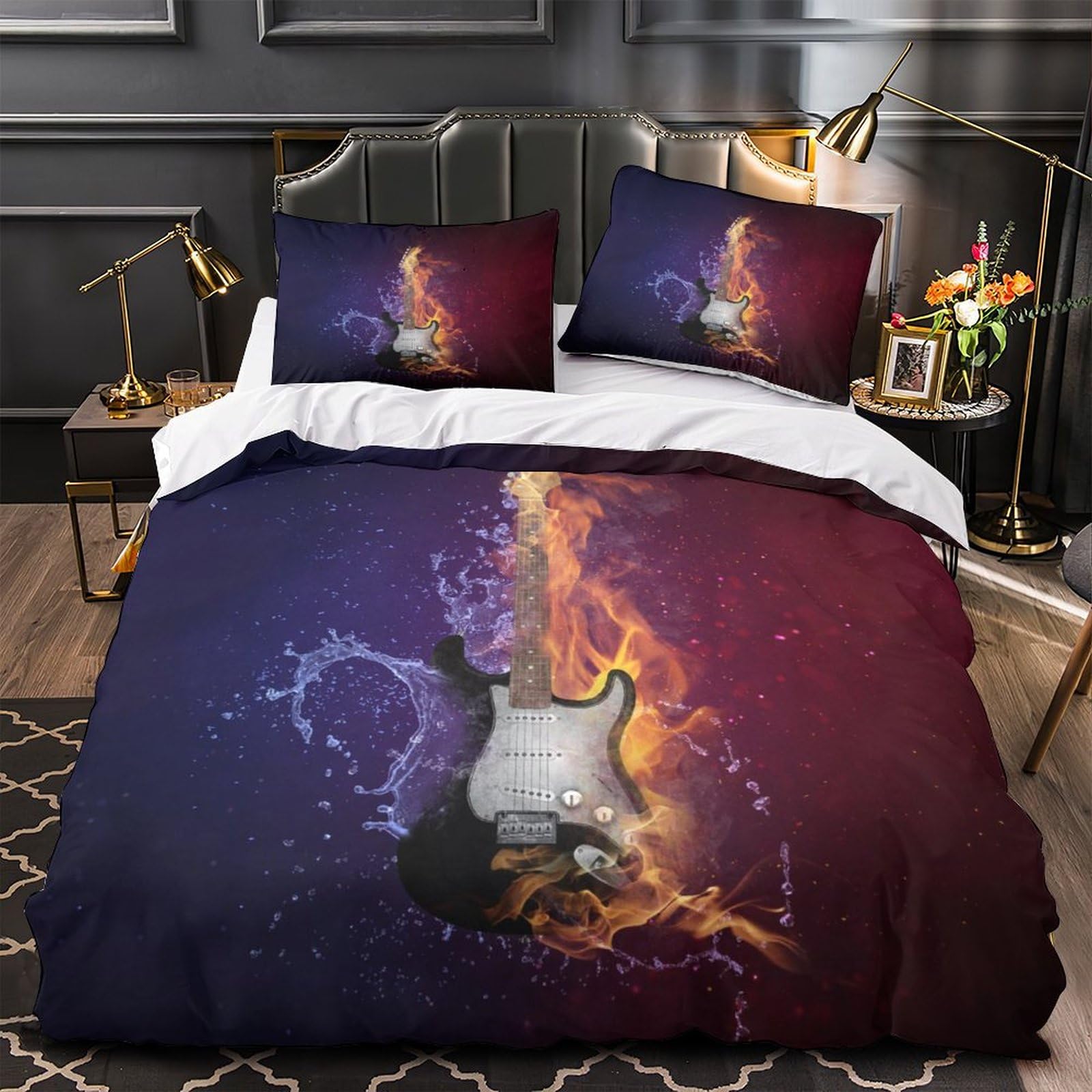 MXRMXR Guitar Duvet Cover Bedding Set, 3D Comforter Cover with Pillowcases, for Soft Microfiber Quilt Cover with Zipper Closure 3 Piece Set Single（140x200cm）