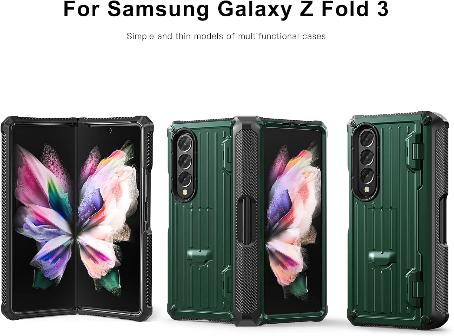 Rugged Case Armor for Samsung-Galaxy-Z-Fold-3-5G w/Built-in [Kickstand] [S-Pen Holder] [Screen Protector] [Hinge Protection], Raised Stripes Shockproof Full-Body Protective Cover (Army Green)