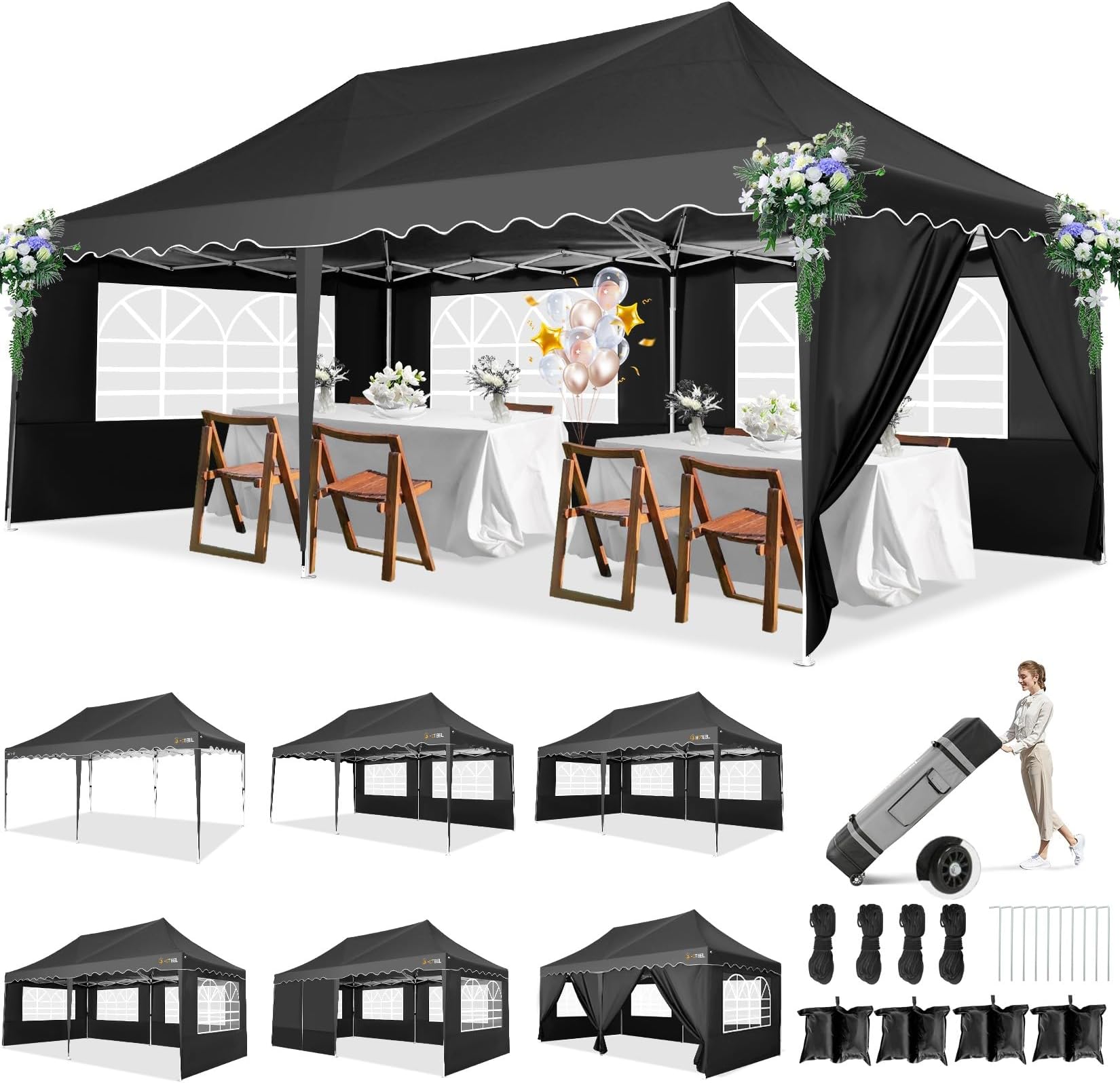 HOTEEL Marquee Gazebo with Sides, Large Pop Up Gazebo 3m X 6m Easy Up Outdoor Party Tent with Wheeled Bag, 4 Weight Bags, for Garden, Party, Event, Waterproof and Sunproof, Black