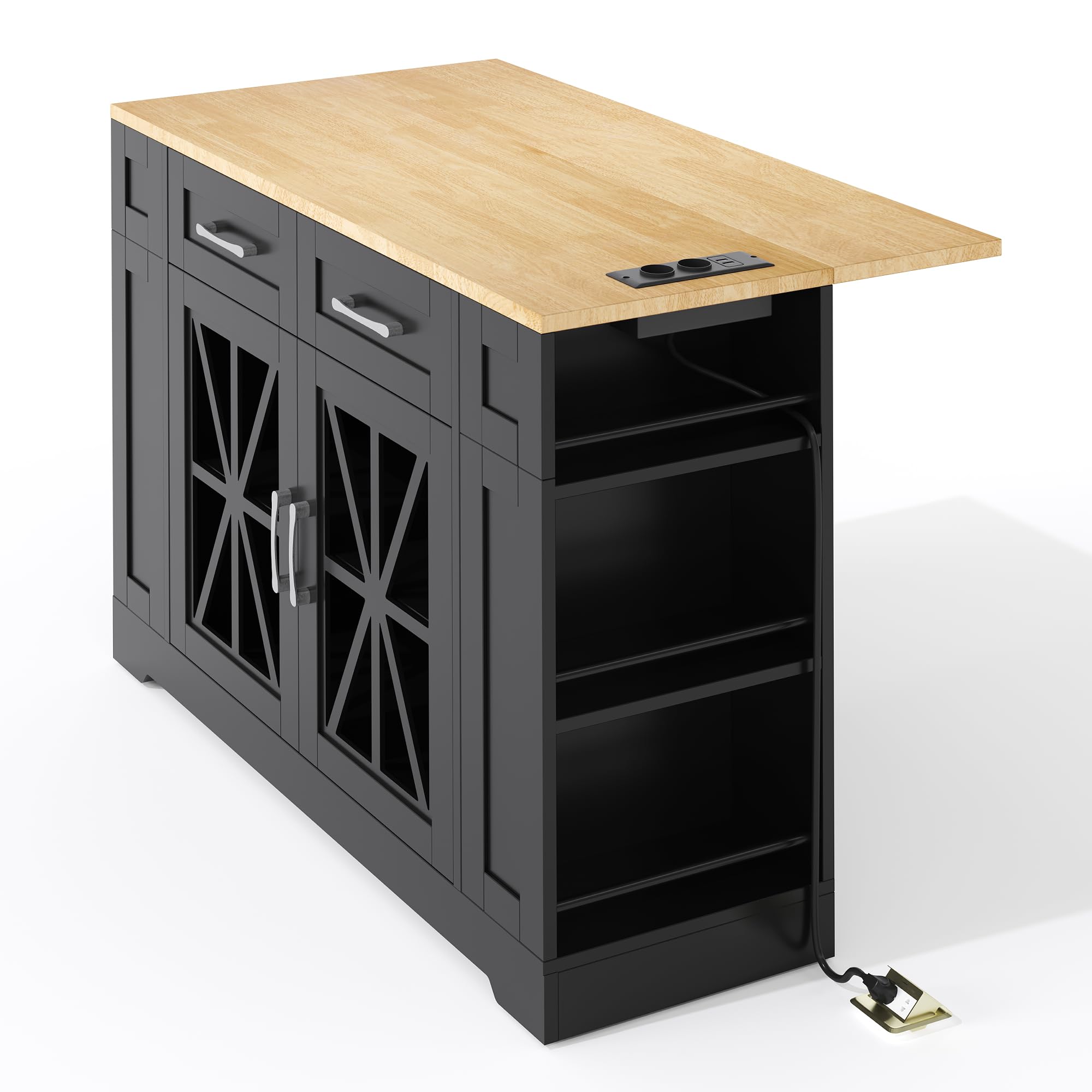 Shye Isola da cucina portatile 120 cm con tavolo da pranzo pieghevole, ripiano aperto, porta AC, porta USB, porta in vetro, laminato regolabile, ruote con freni per cucina, sala da pranzo, soggiorno