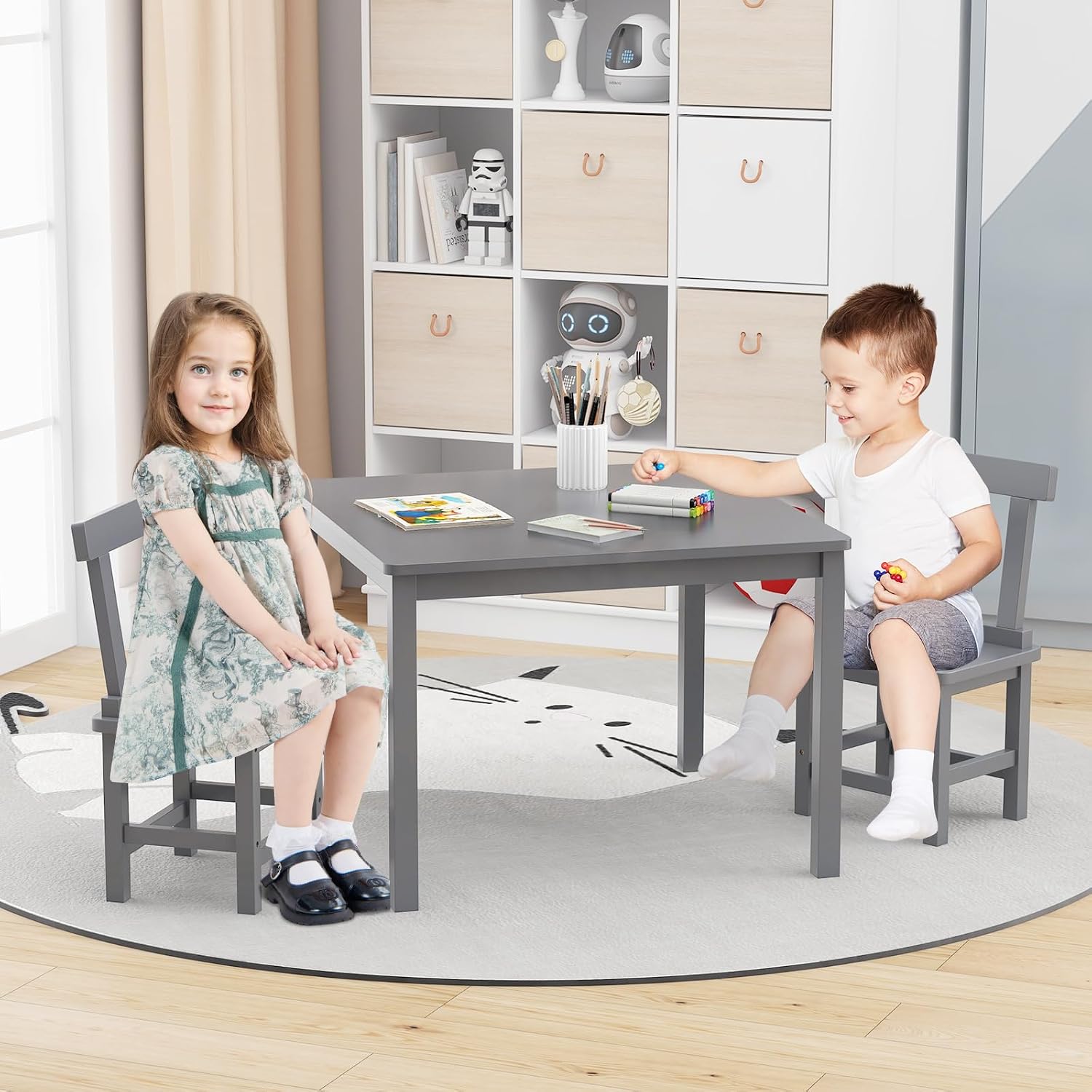 Costzon Kids Table and Chairs, 3 PCS Premium Wood Children Table and Chairs with Rubber Wood Legs, Acacia Wood Frame & Anti-Slip Foot Pads, Toddler Table and Chair Set for Boys Girls Age 3-8 (Gray)