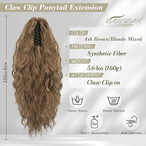 Miniatura 2 de BARSDAR Extensión de cola de caballo marrón  Extensiones de cola de caballo con clip de garra de 18 pulgadas para mujer, extensiones de cola de