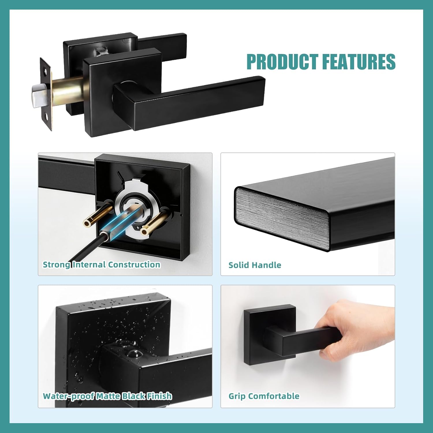 TooCust Square Passage Door Knobs, 2 Pack, Black Interior Door Handles, No Lock, Heavy Duty Closet Door Handles, Reversible for Right & Left Sided Doors