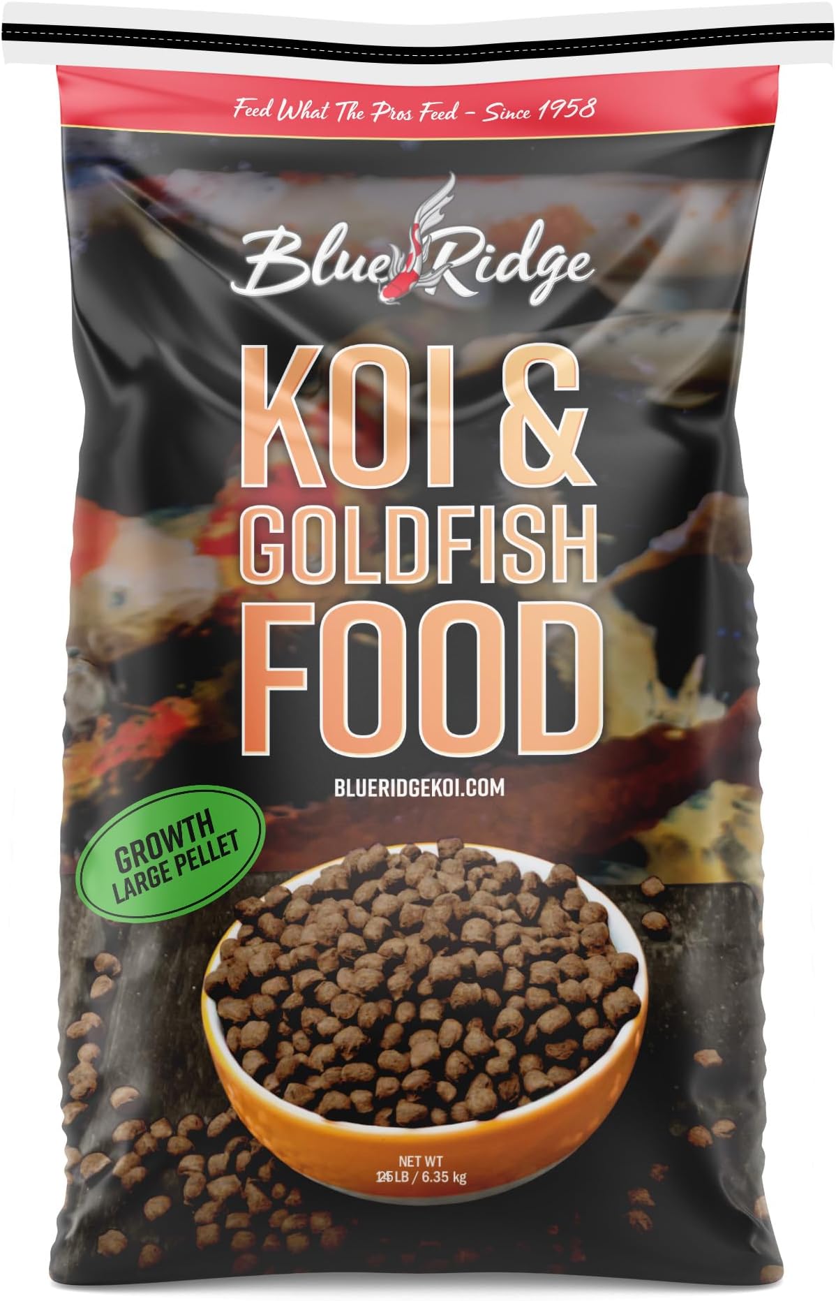 Blue Ridge Koi Fish Food 25lb - Koi Food Large 3/16" Growth Formula, Goldfish Food, Premium Fish Food for Ponds, Ponds Fish Food, Floating Pond Pellets