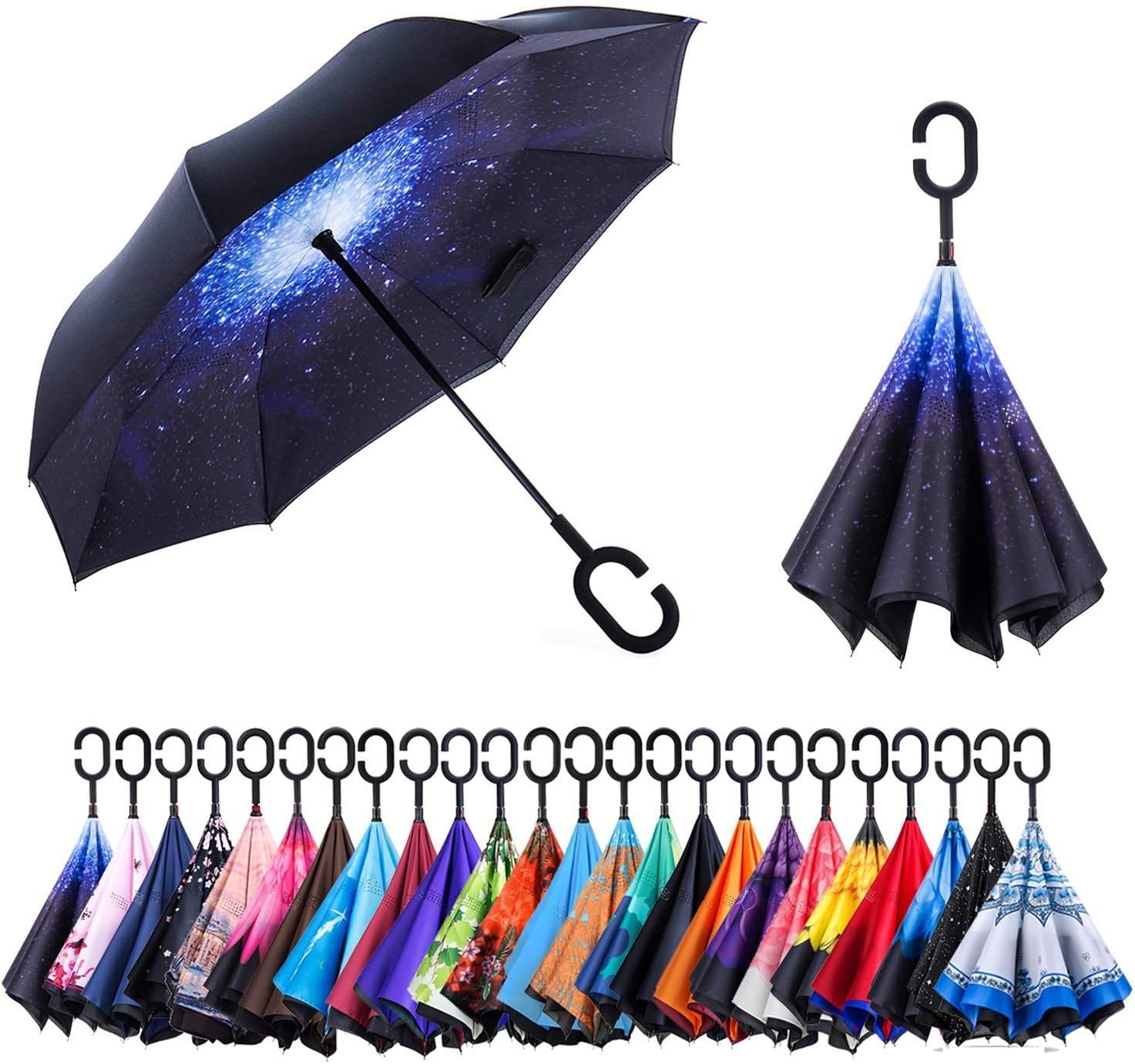 AmaGo Inverted Umbrella – Reverse Double Layer Long Umbrella, C-Shape Handle & Self-Stand to Spare Hands,Carrying Bag for Easy Traveling