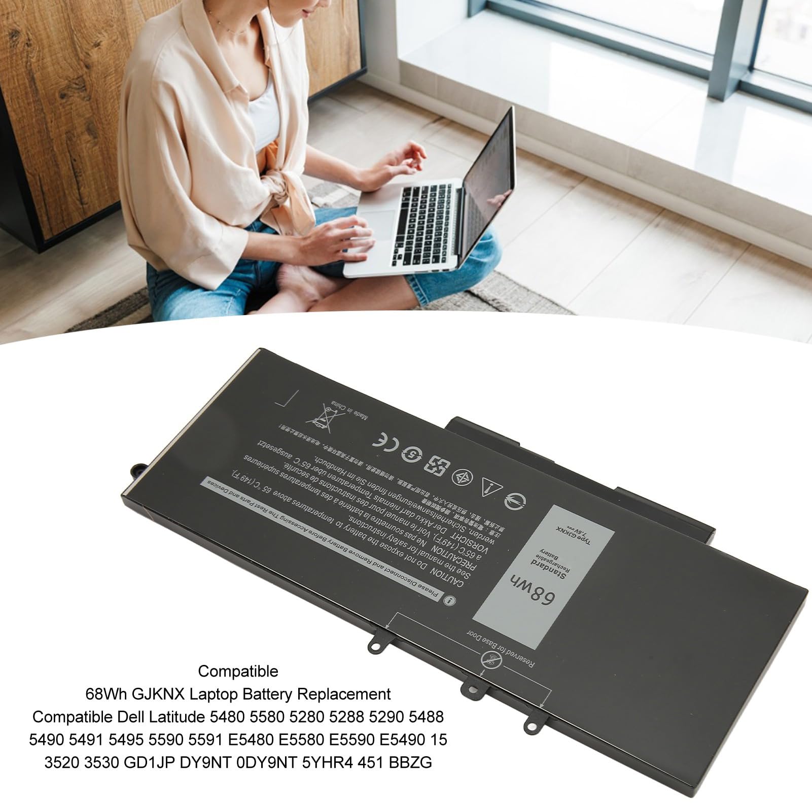 68Wh GJKNX Bateria do Laptopa, Wymienna Bateria do Latitude 5480 5580 5280 5288 5290 5488 5490 5491 5495 5590 5591 E5480 E5580 E5590 E5490 15 3520 3530 GD1JP DY9NT Laptopa