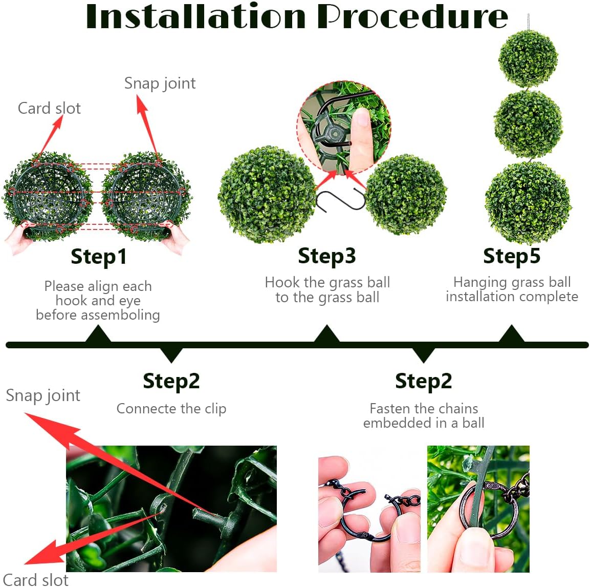 3 Pcs Artificial Boxwood Topiary Ball Set – Mixed Size, Hanging & Tabletop Removable White-Edged Faux Grass Balls, Lifelike Fake Plant Decor for Indoor Outdoor Garden Wedding Mantel Shelf