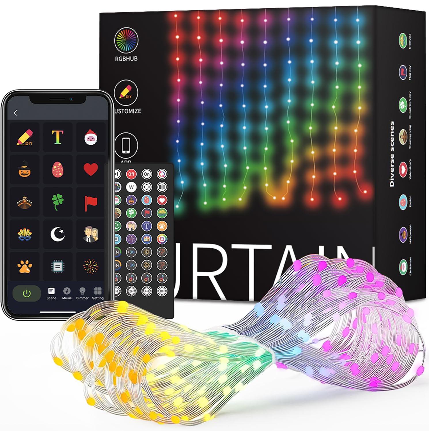 Smart Curtain Lights Outdoor, 5Ft x 7Ft, 540 LEDs, RGB LED String Lights, App Control, IP44 Waterproof, 144 Dynamic Modes, Customizable Holiday Themes for Halloween Christmas Dorm Party Fall Decor