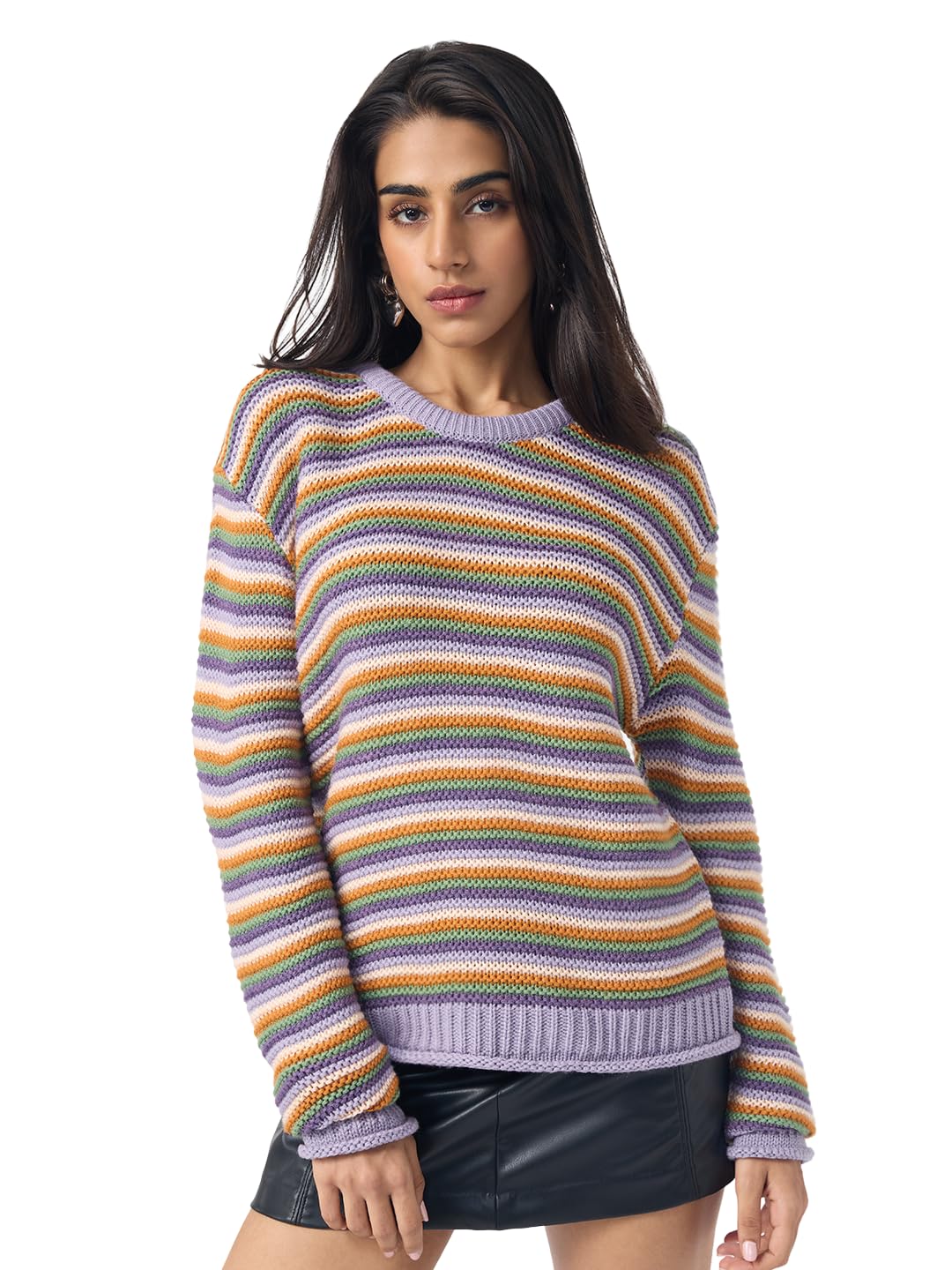 the souled store Candy Swirl Women and Girls Full Sleeves Round Neck Multicolor Striped AcrylicDrop Shoulder Streetwear Lightweight Casual Oversized Pullover Sweater-picture-29