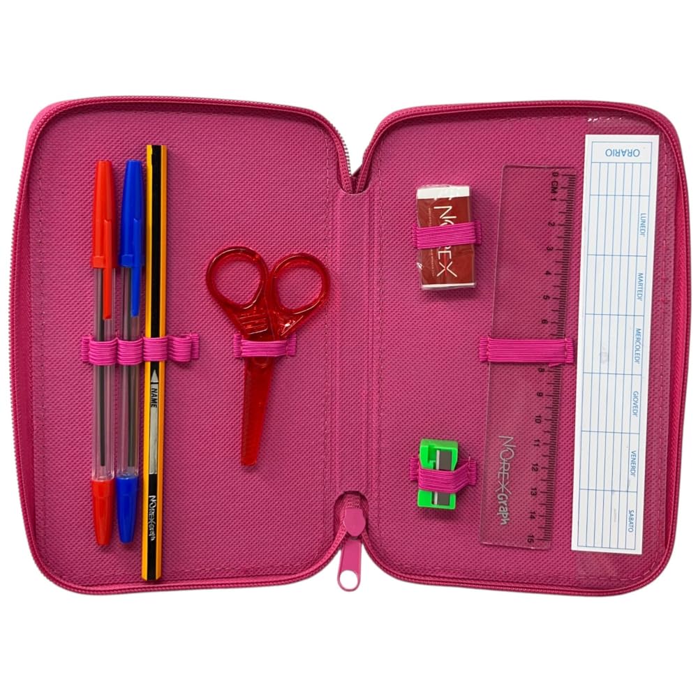 CARTOON Estuche de 3 cremalleras completo de 44 piezas para la escuela, multicompartimento, bolígrafos, lápices, colores, rotuladores Giotto, Hello Kitty, 20 x 13 x 6 cm, Moderno