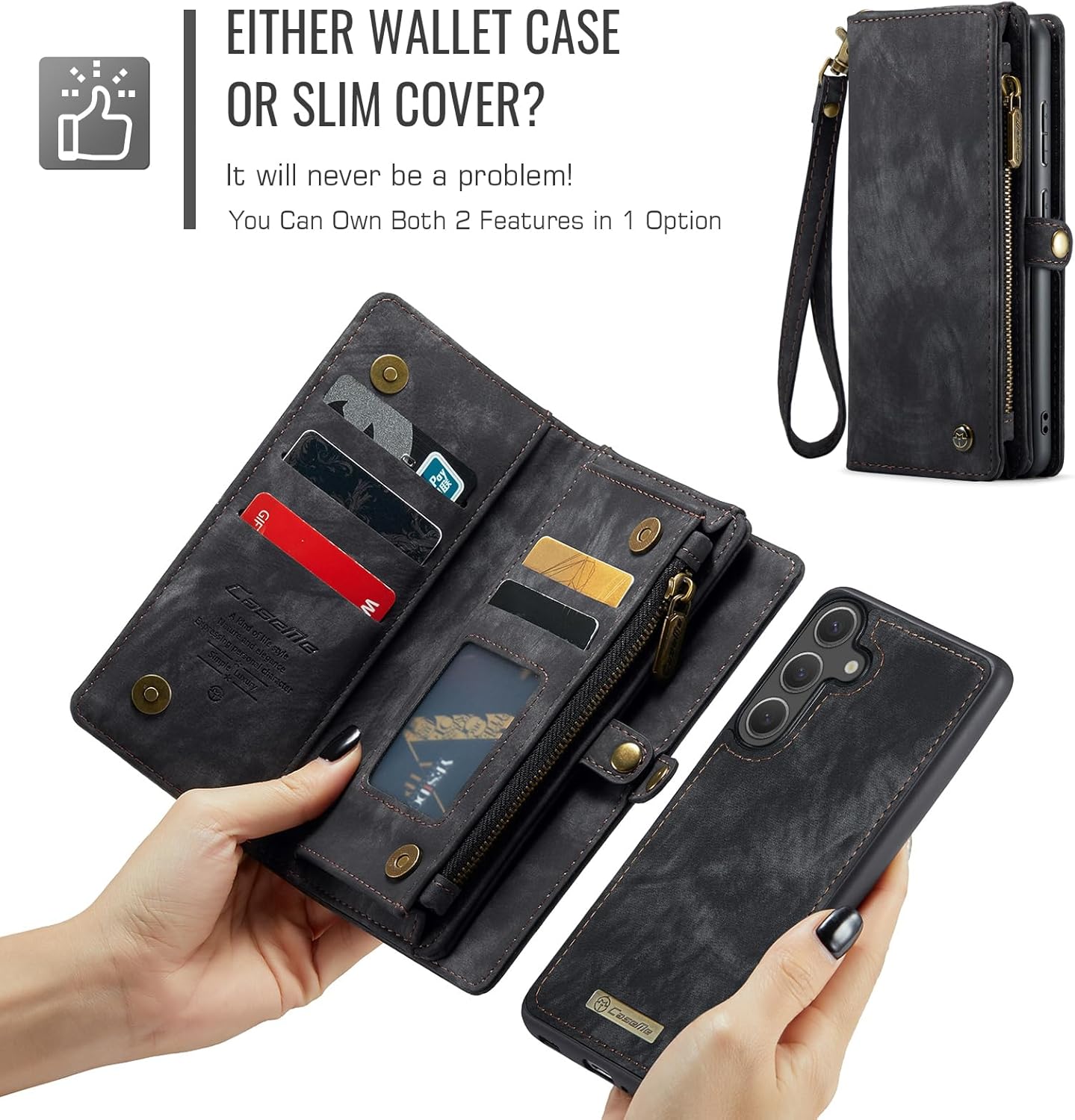 Kowauri Wallet Case for Samsung Galaxy S25 Plus, Zipper Purse Folio Leather Wallet with Card Holder Wrist Strap Detachable Magnetic Shockproof Protective Back Case for Samsung Galaxy S25 Plus (Black) - Image 3