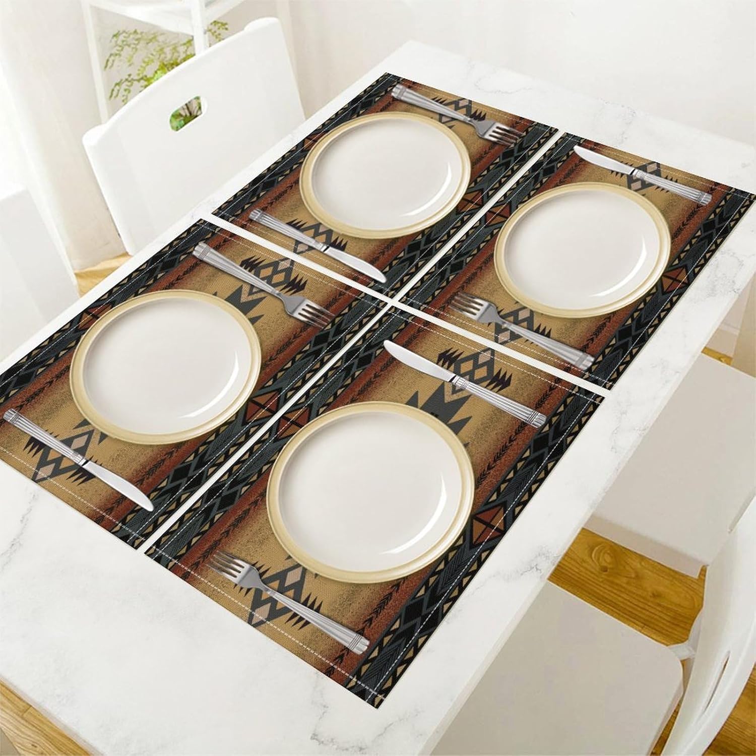 Aztec Southwest Placemats Rustic Tribal Geometric Decorative Table Mat Antique Native Heat Resistant Place Mats for Dining Kitchen Party Holiday Decor 12x18Inch Set of 6
