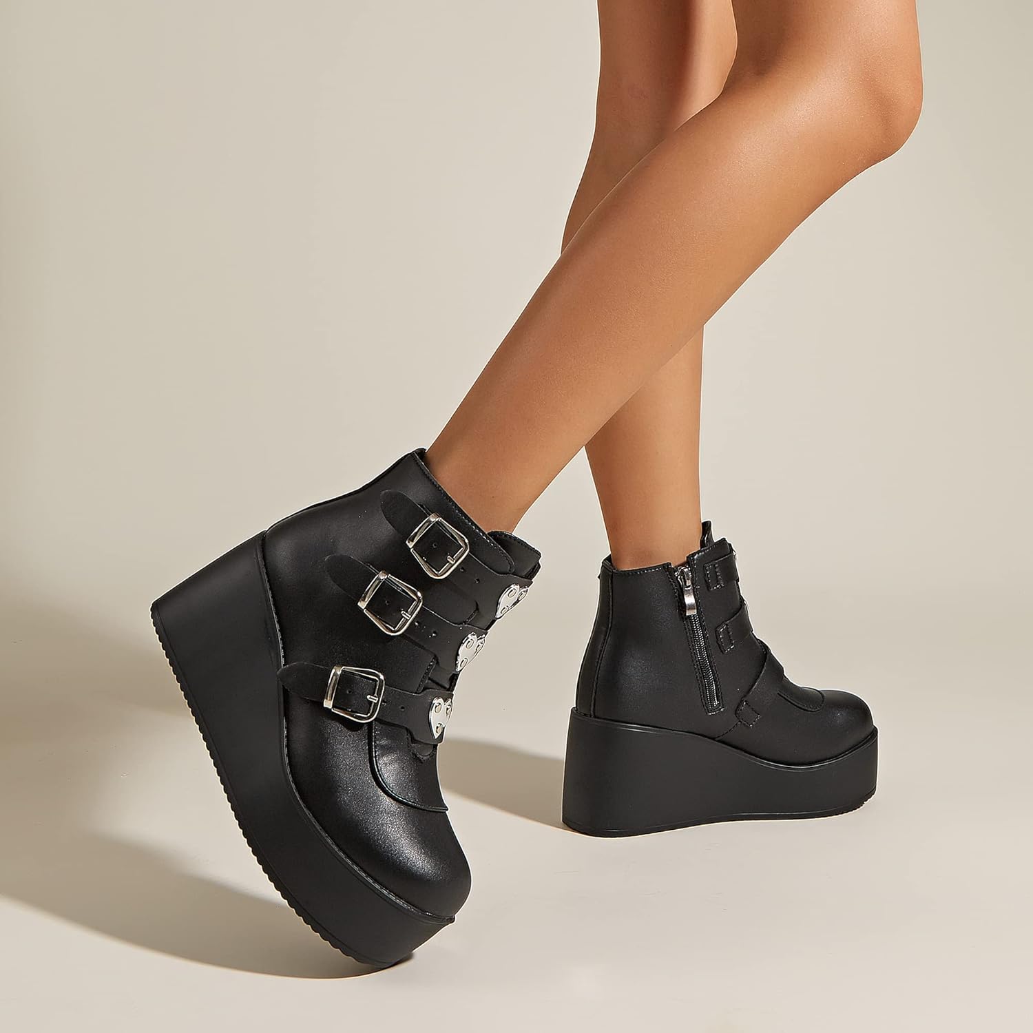 LUCKY STEP Women Platform Chunky Ankle Boots - Round Toe Zipper Wedges High Heels Rave Buckle Thick Sole Goth Booties - Image 2